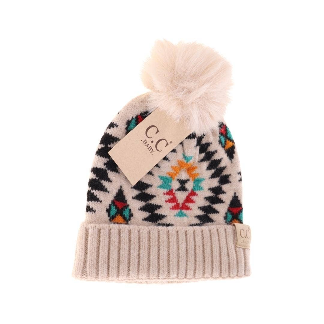 BABY Aztec Patterned Faux Fur Pom C.C Beanie