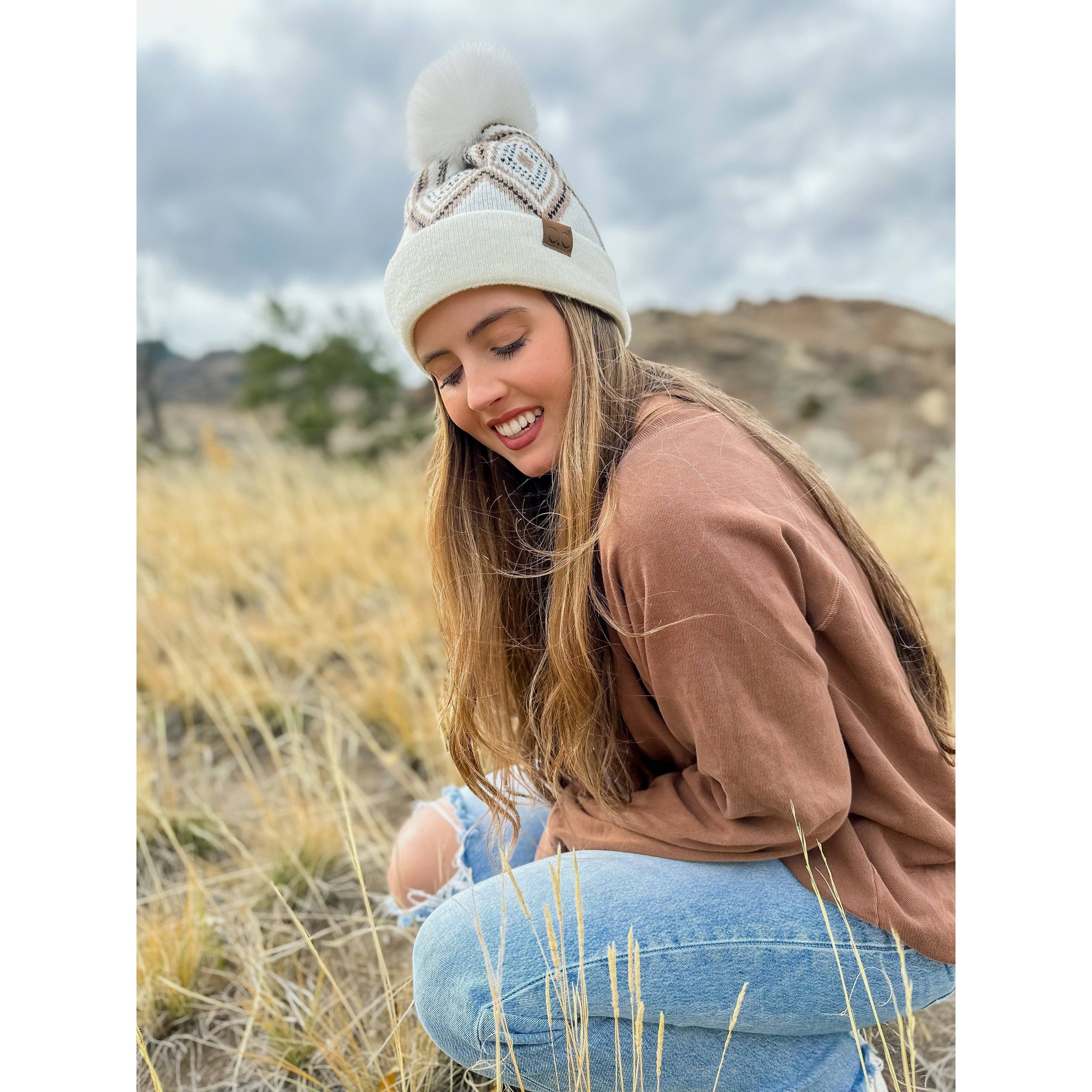 Diamond Geometric Pattern Faux Fur Pom C.C Beanie