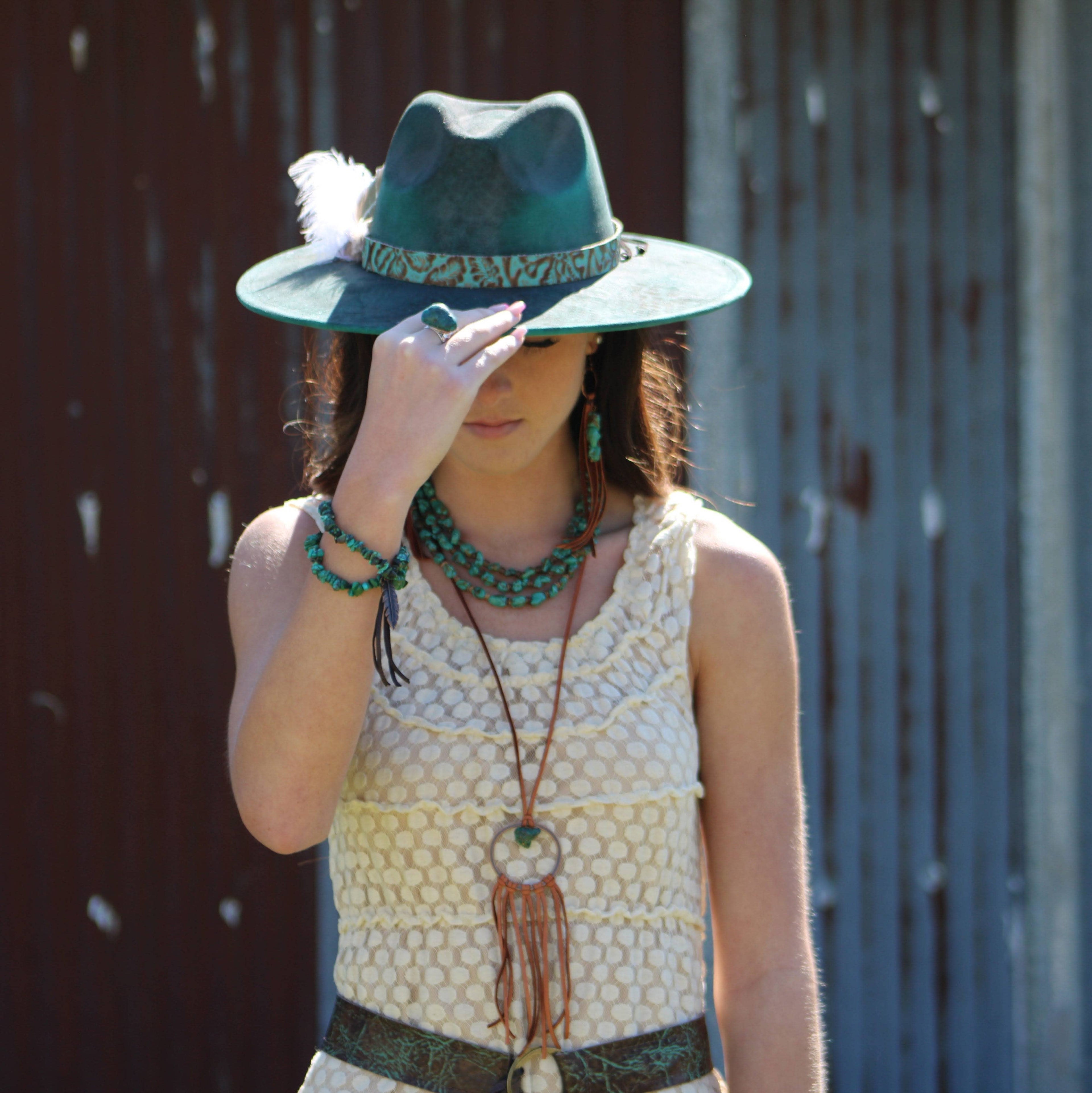 Tan Leather Dream Catcher Necklace with Natural Turquoise