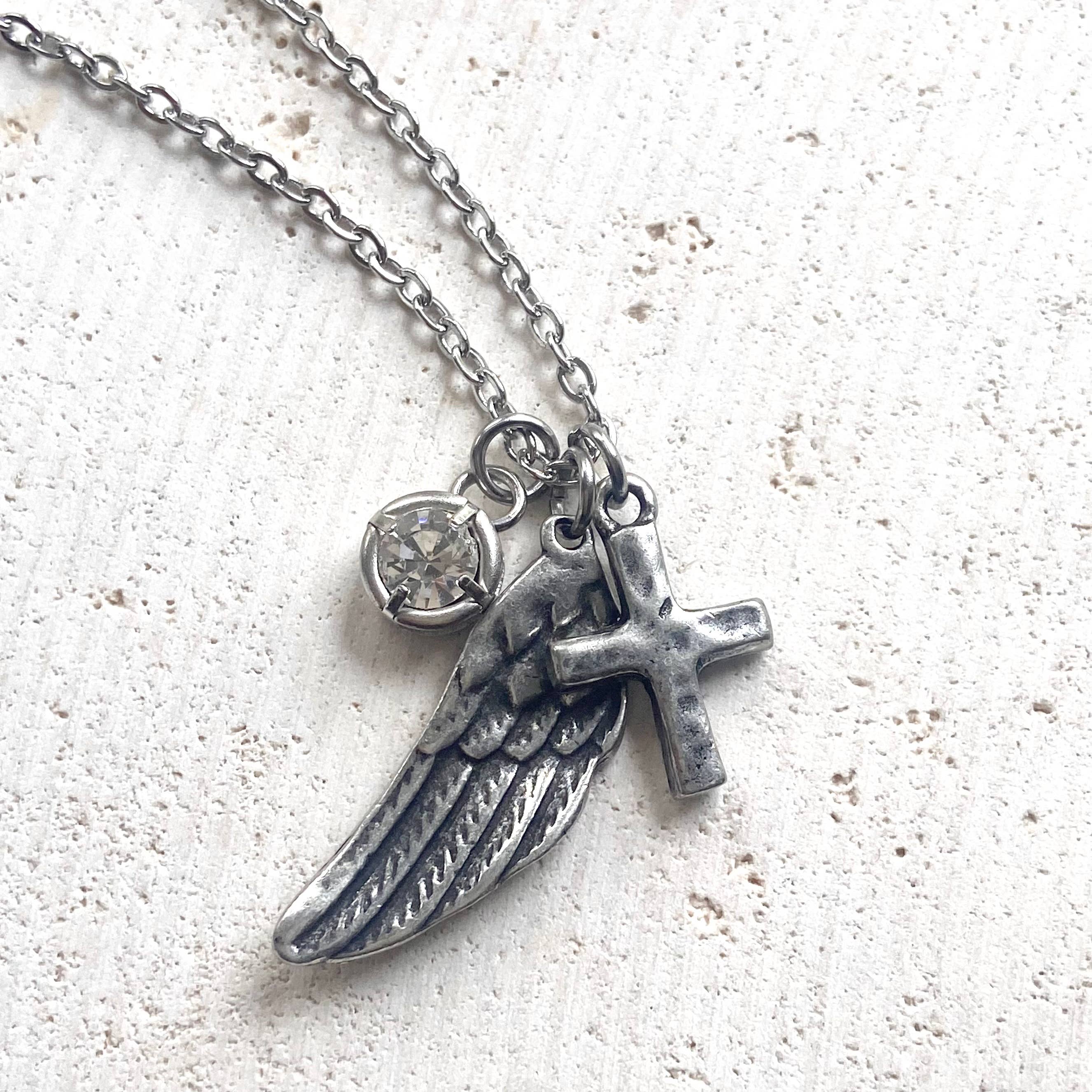 Angel wing cross crystal cluster necklace handmade jewelry