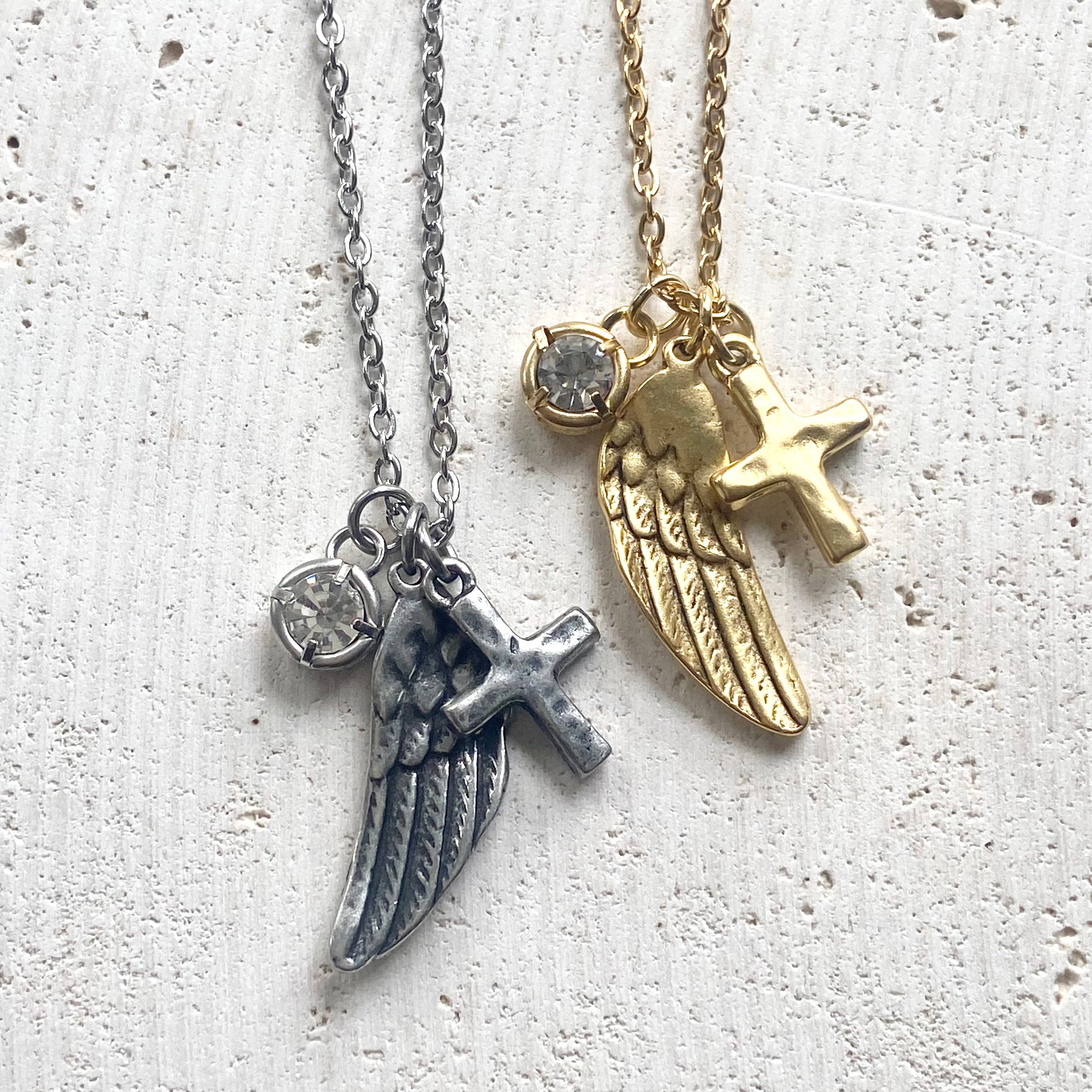 Angel wing cross crystal cluster necklace handmade jewelry