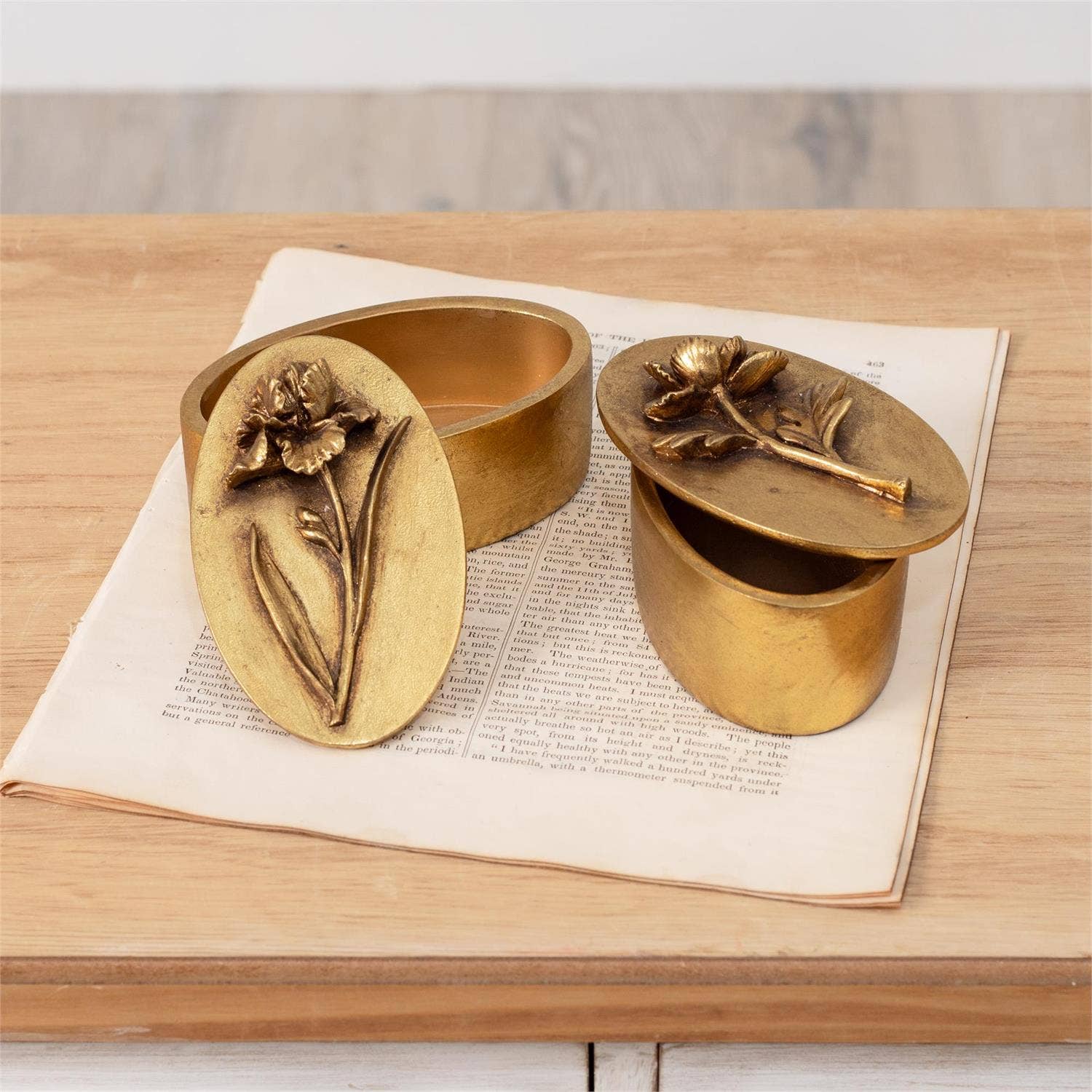 Brass Tone Floral Trinket Boxes