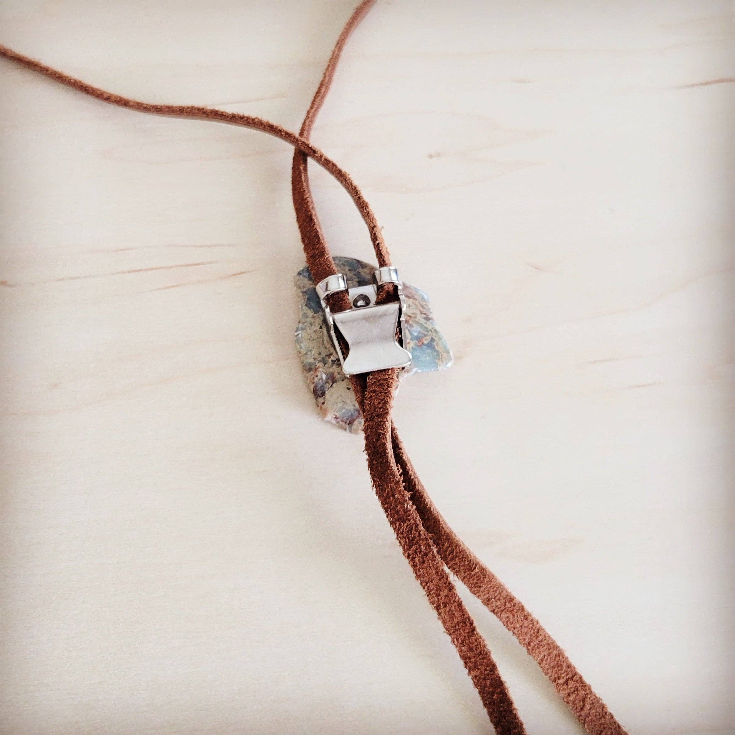 Leather Lariat Boho Necklace w/ Aqua Terra Slab Accent