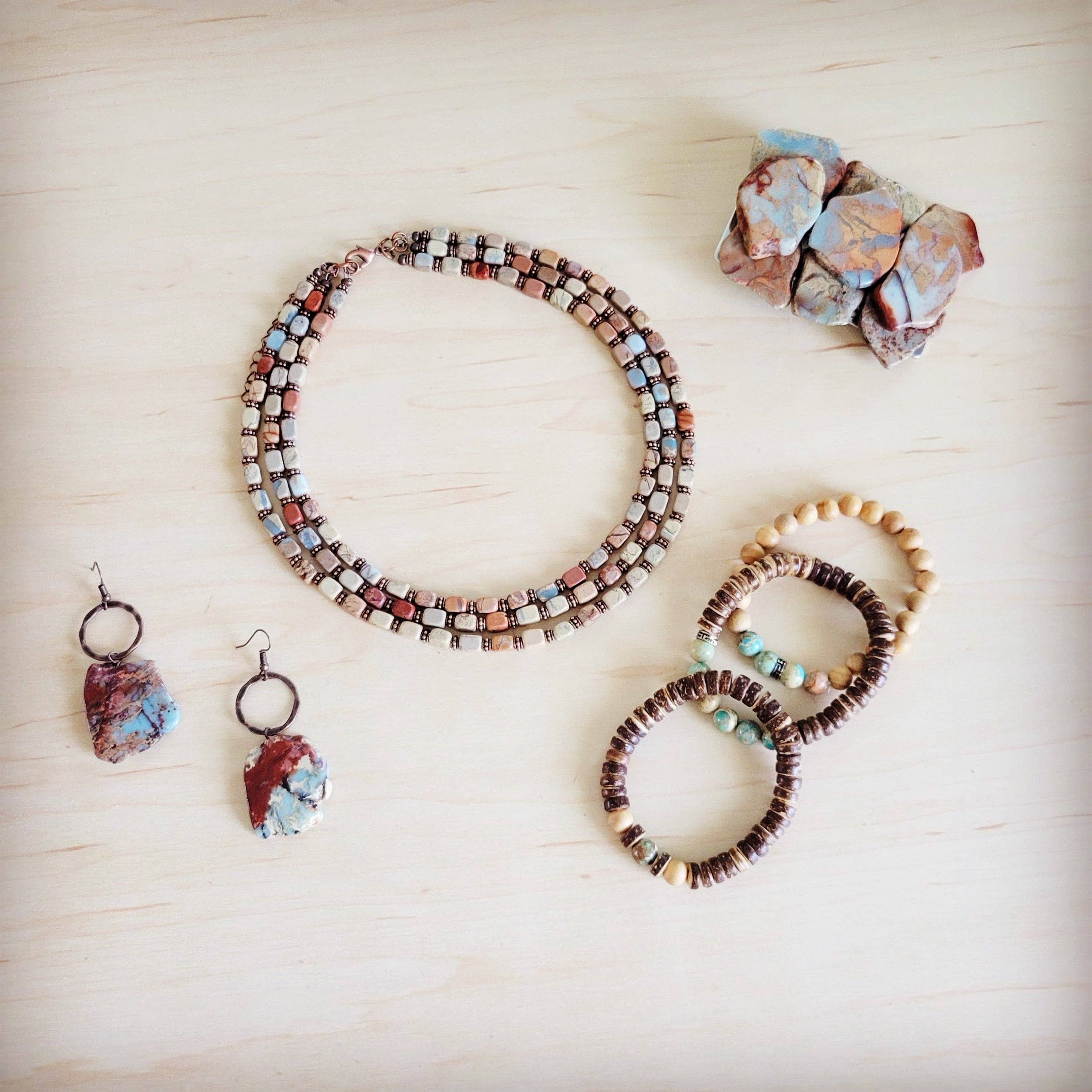 Triple Strand Layered Boho Aqua Terra & Copper Necklace
