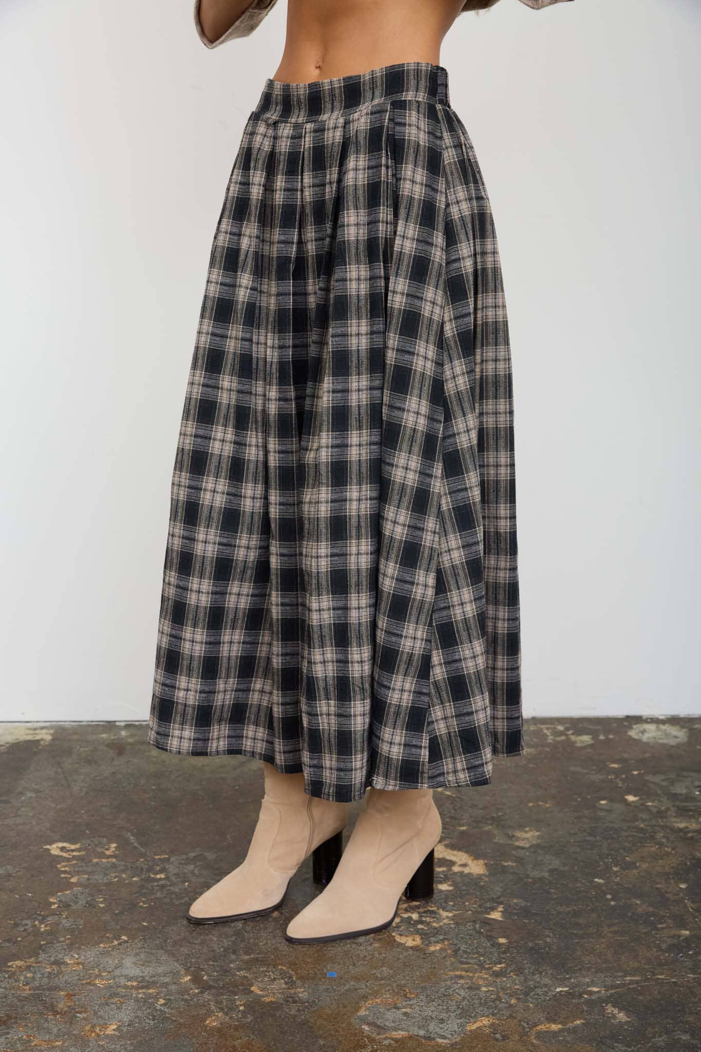 Olive Plaid Pleated Midi Skirt