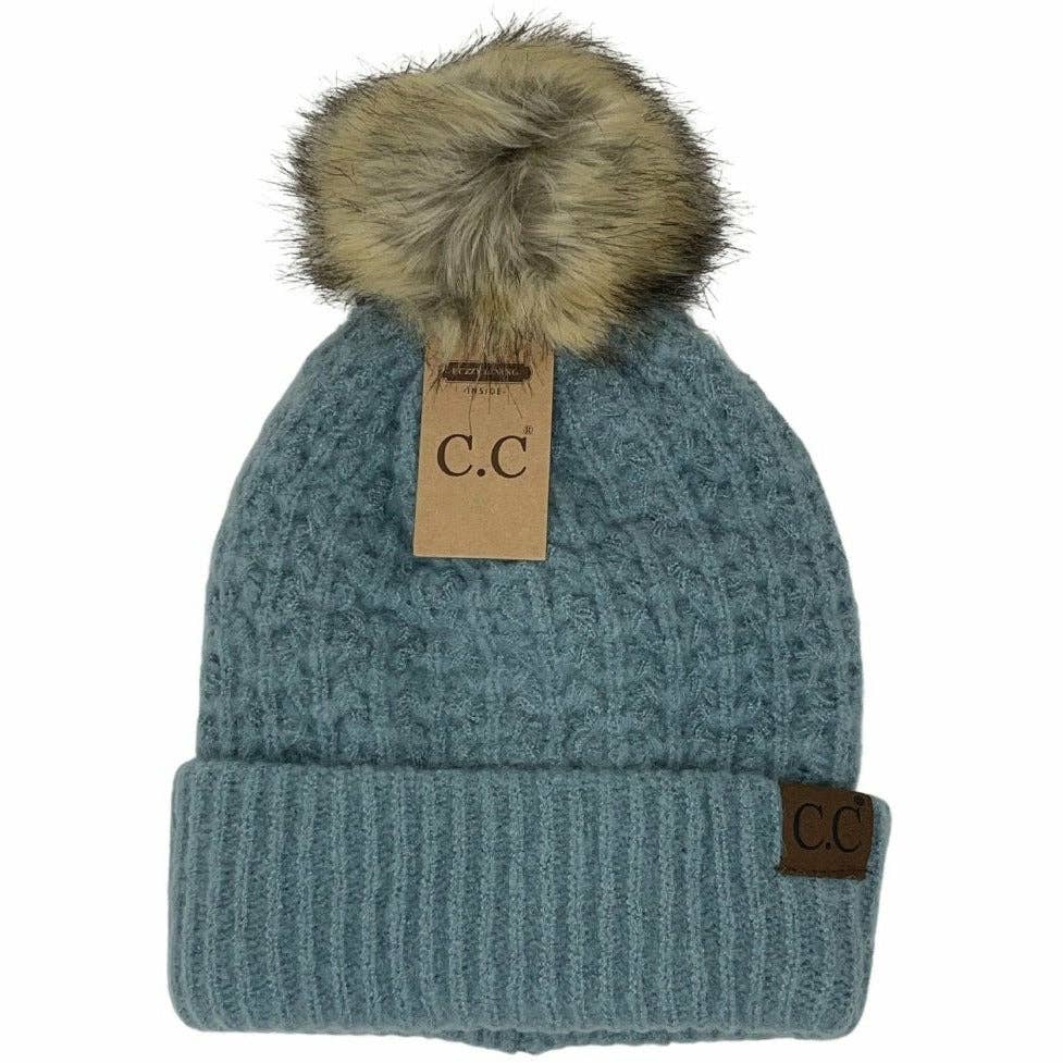 Solid Smocked Stitch Fur Pom C.C Beanie
