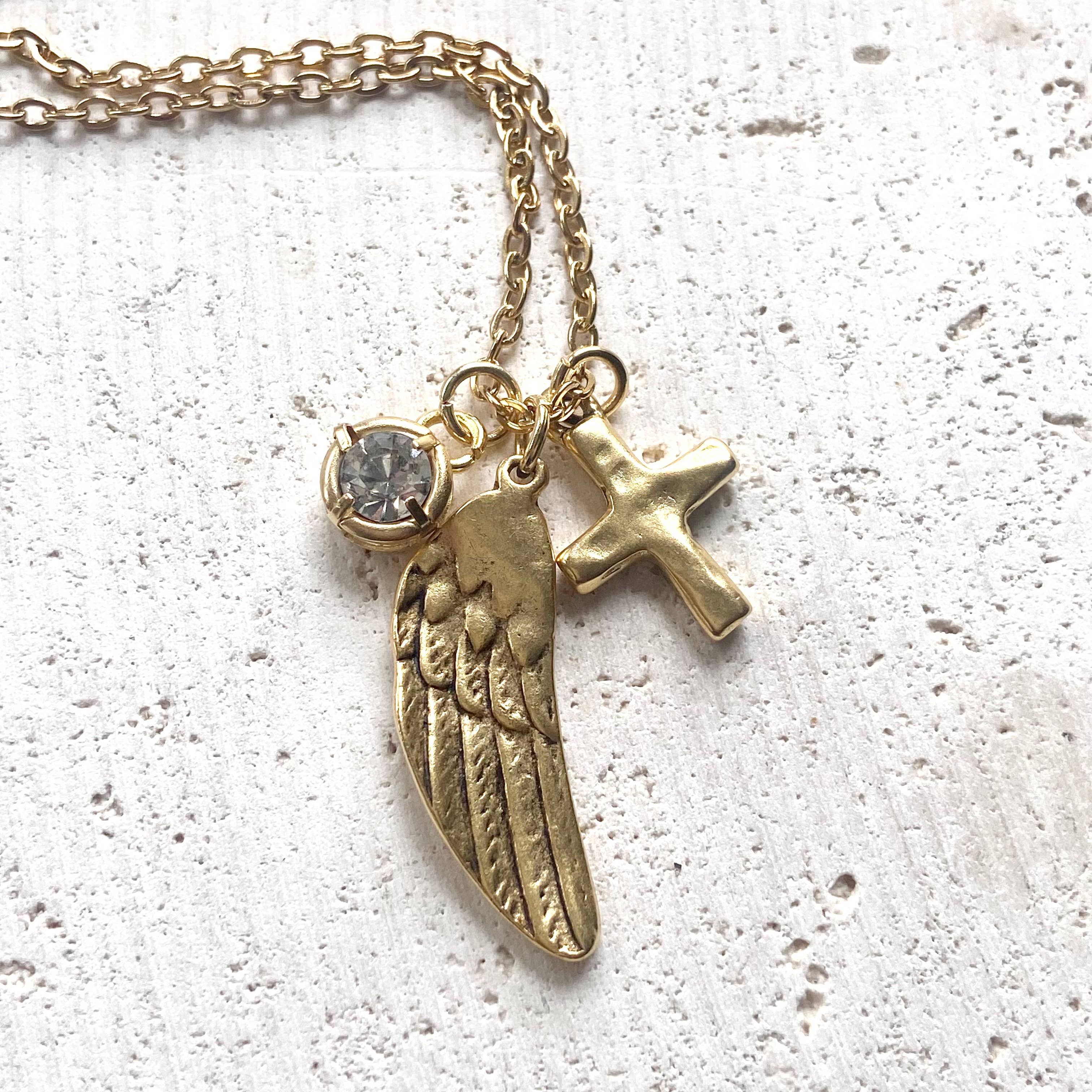 Angel wing cross crystal cluster necklace handmade jewelry