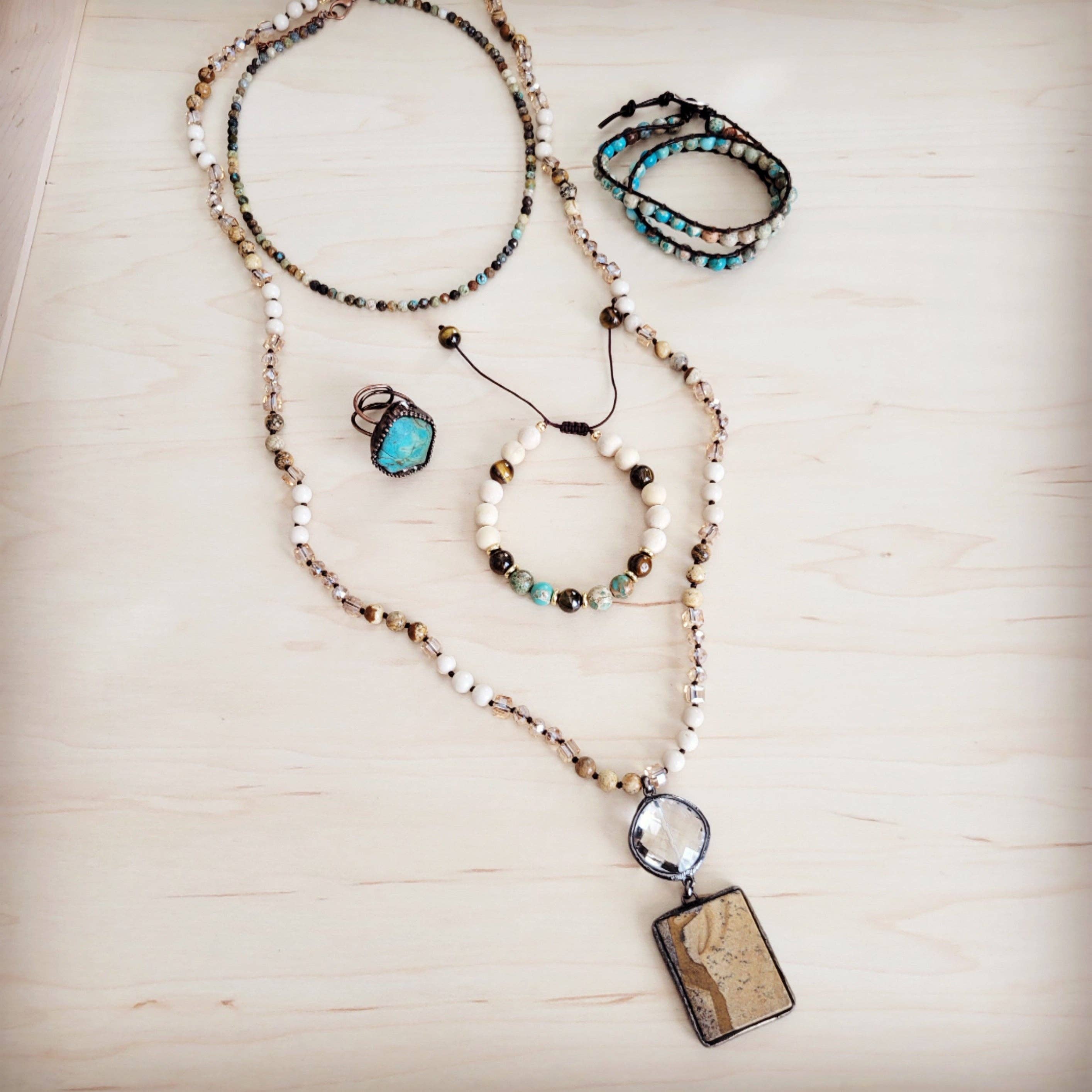 Picture Jasper & Crystal Long Beaded Necklace w/ Jasper Pendant
