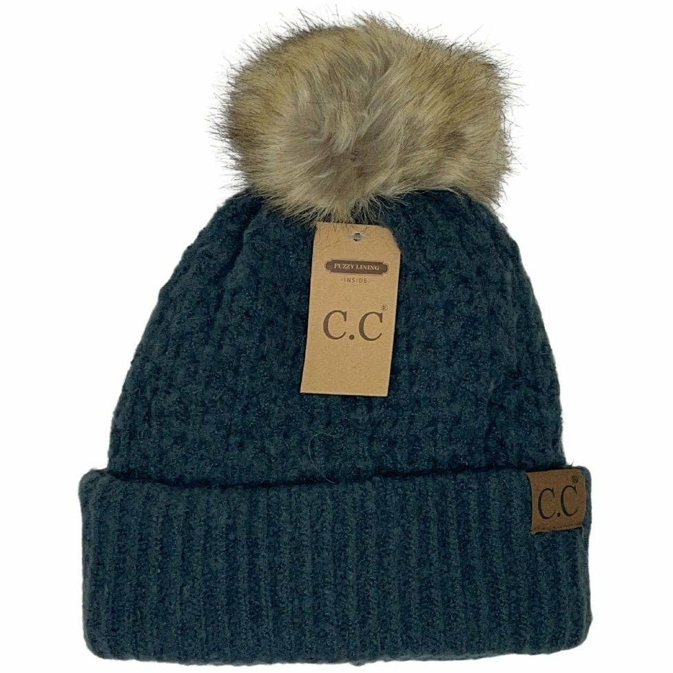 Solid Smocked Stitch Fur Pom C.C Beanie