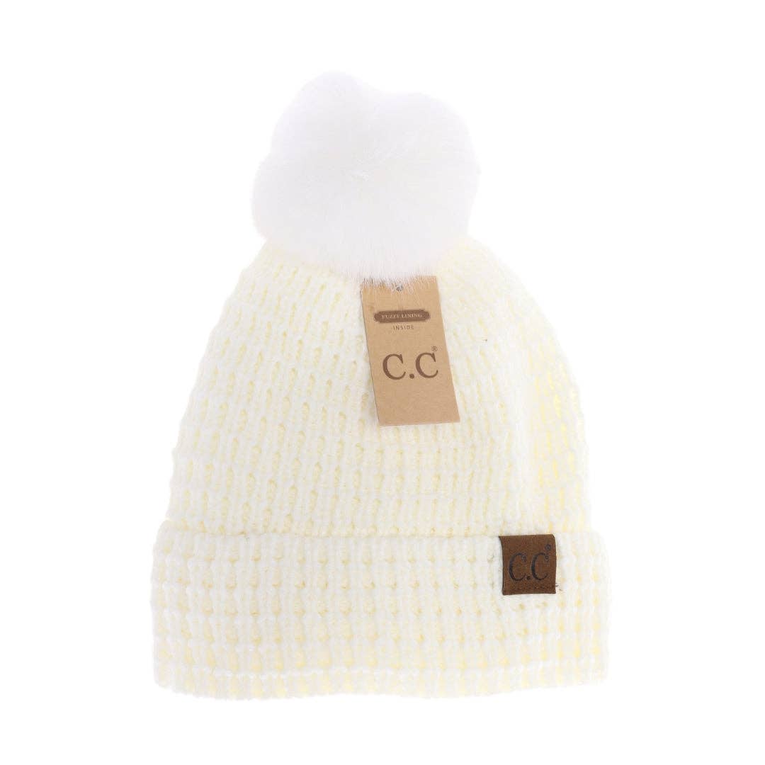 Waffle Knit Faux Fur Pom C.C Beanie