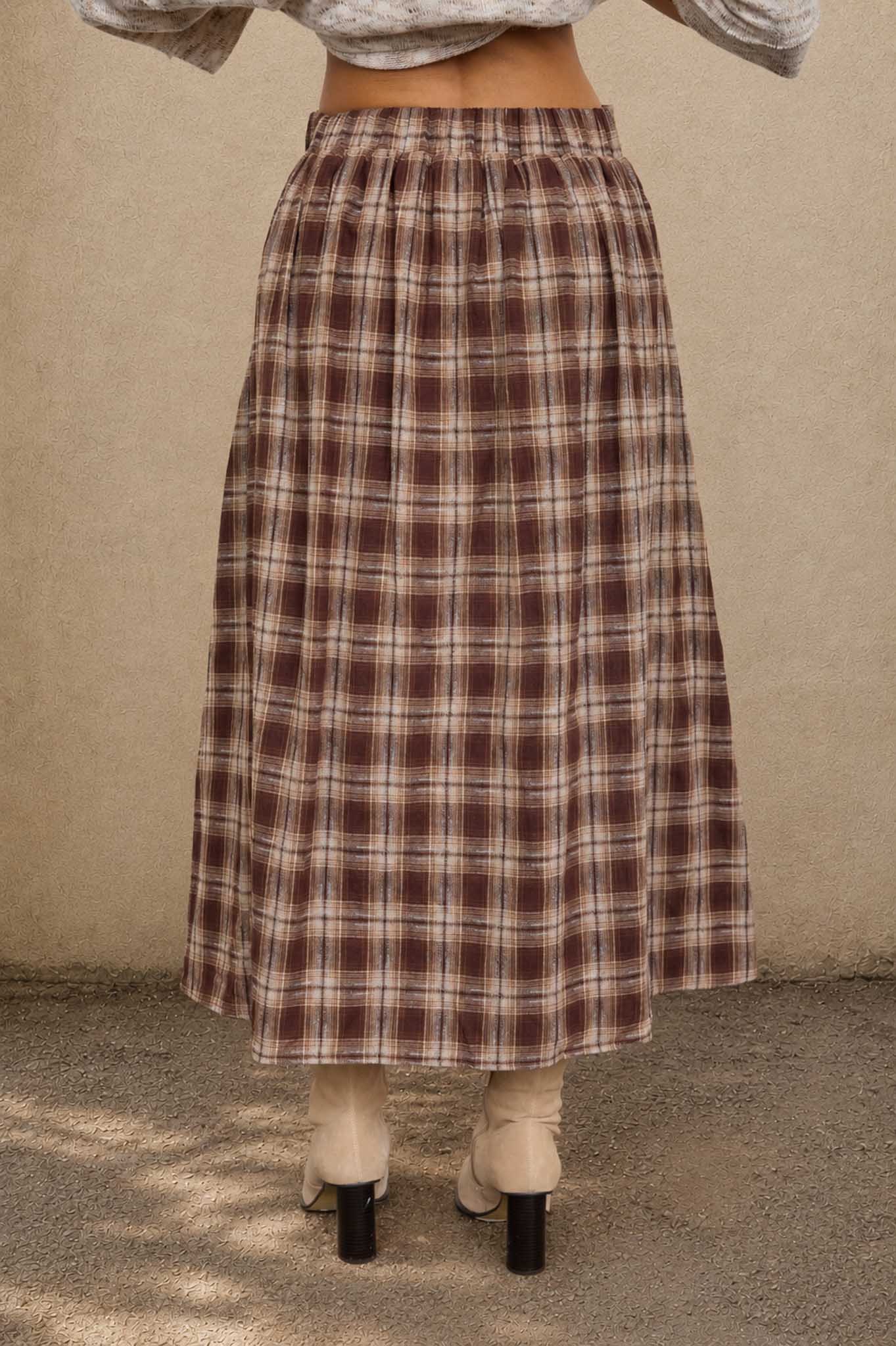 Olive Plaid Pleated Midi Skirt