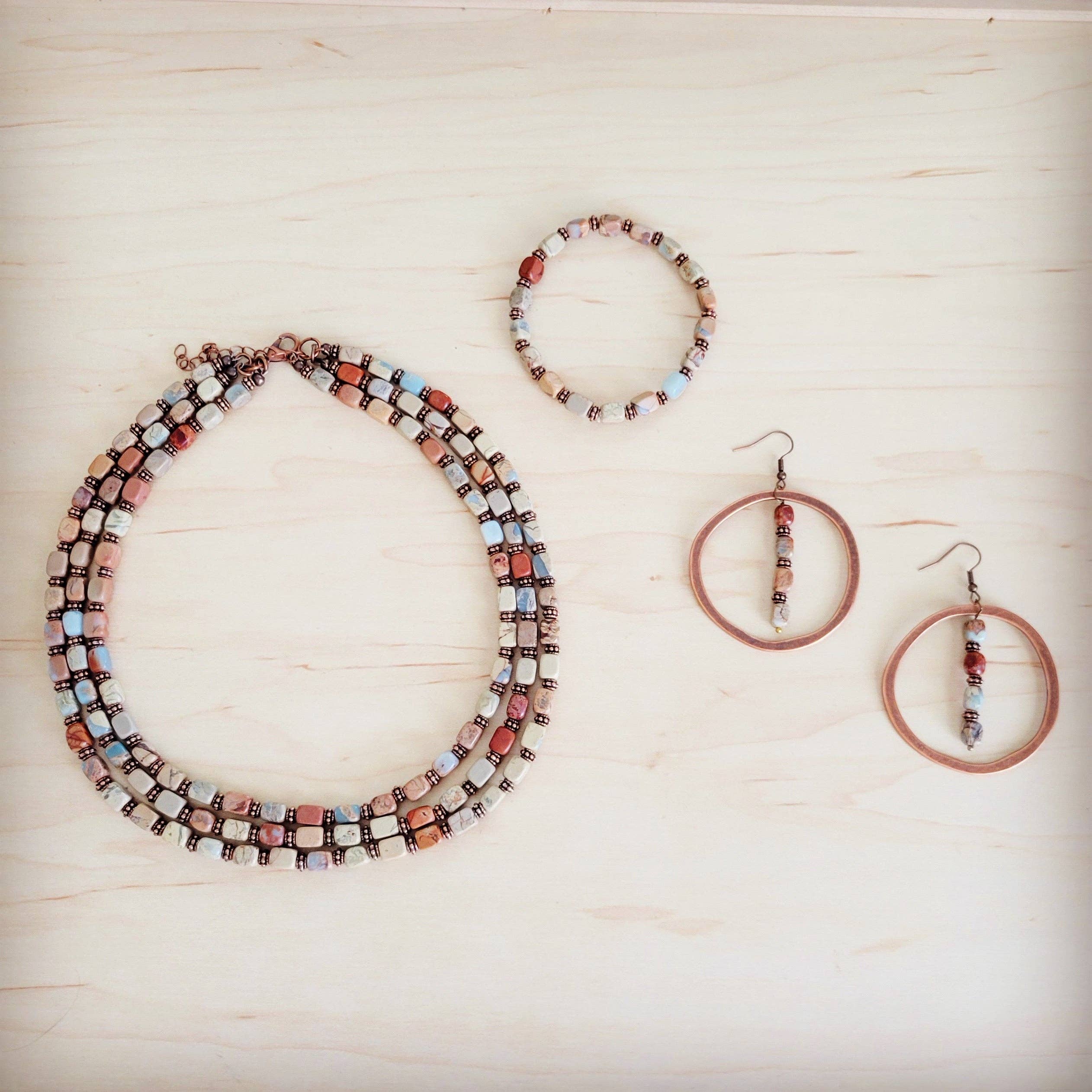 Genuine Aqua Terra and Copper Stretch Beaded Bracelet