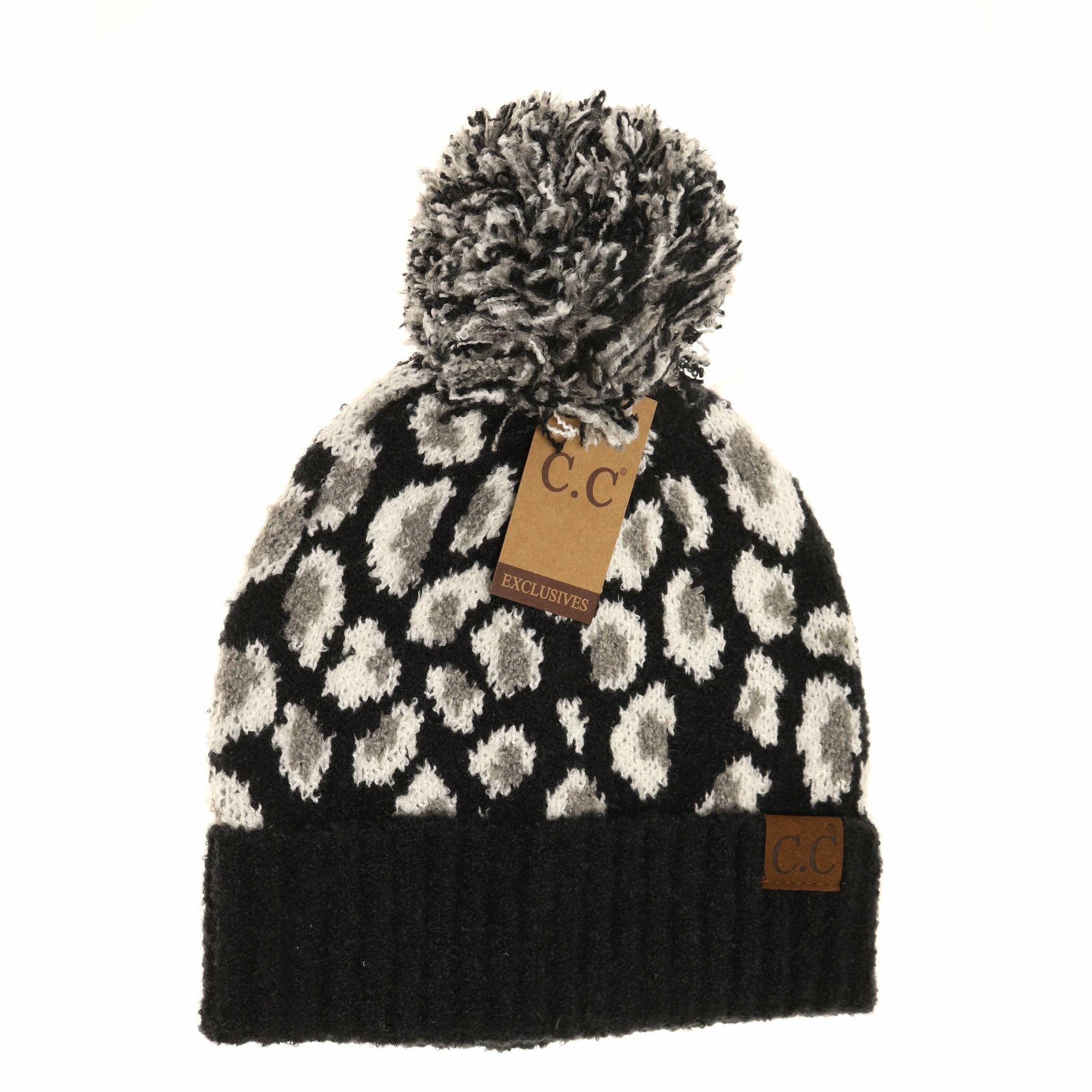 Leopard Boucle Knit POM CC Beanie
