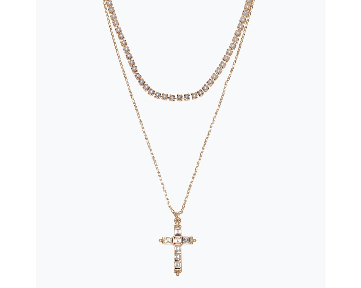 Gold Pearls and Crystal Cross Necklace