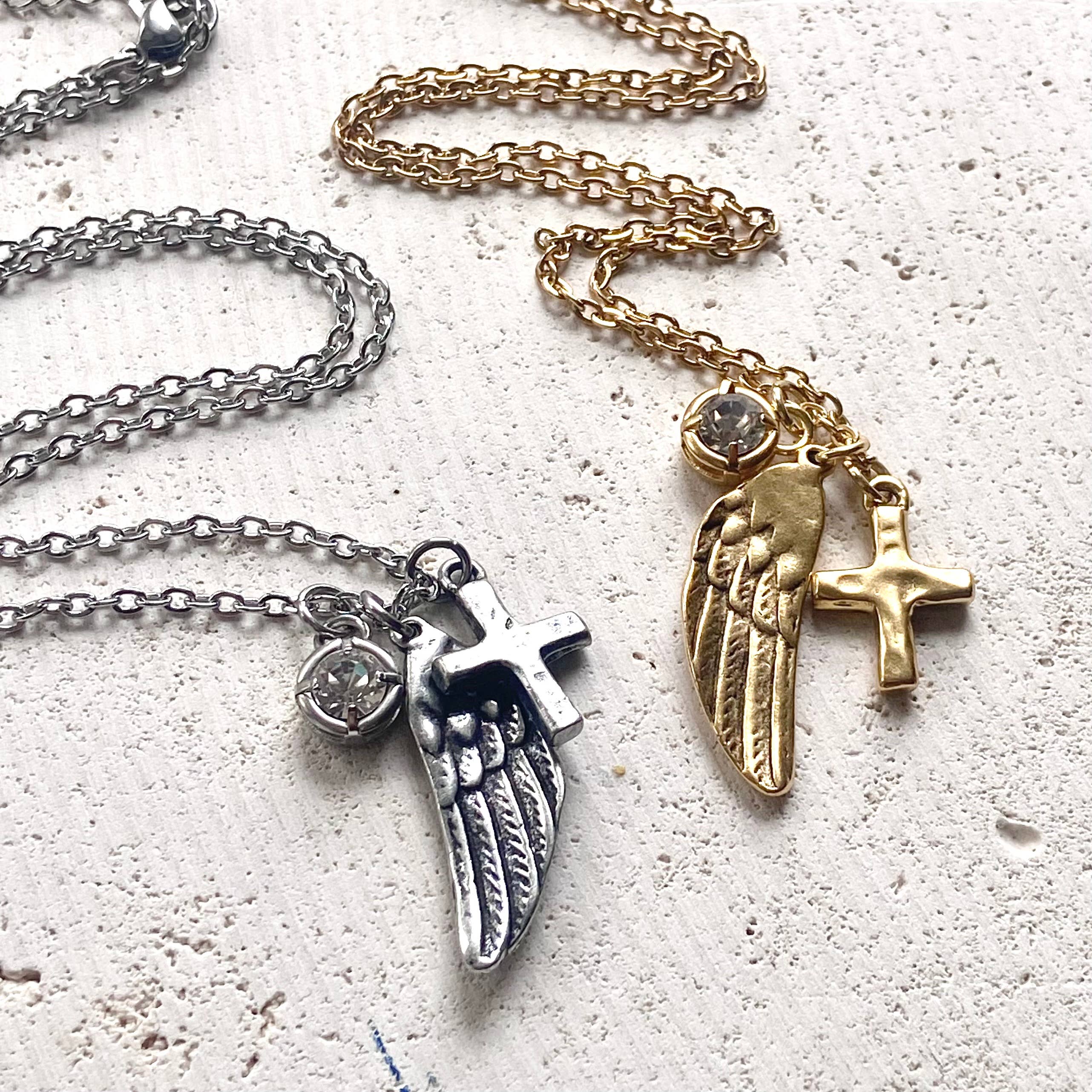 Angel wing cross crystal cluster necklace handmade jewelry