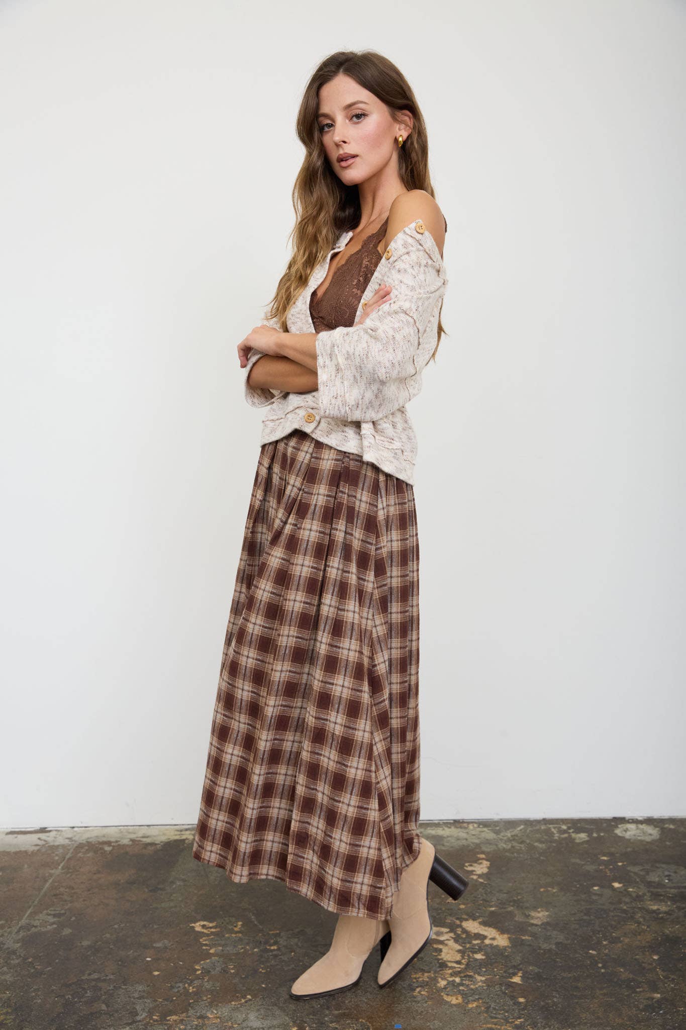 Olive Plaid Pleated Midi Skirt