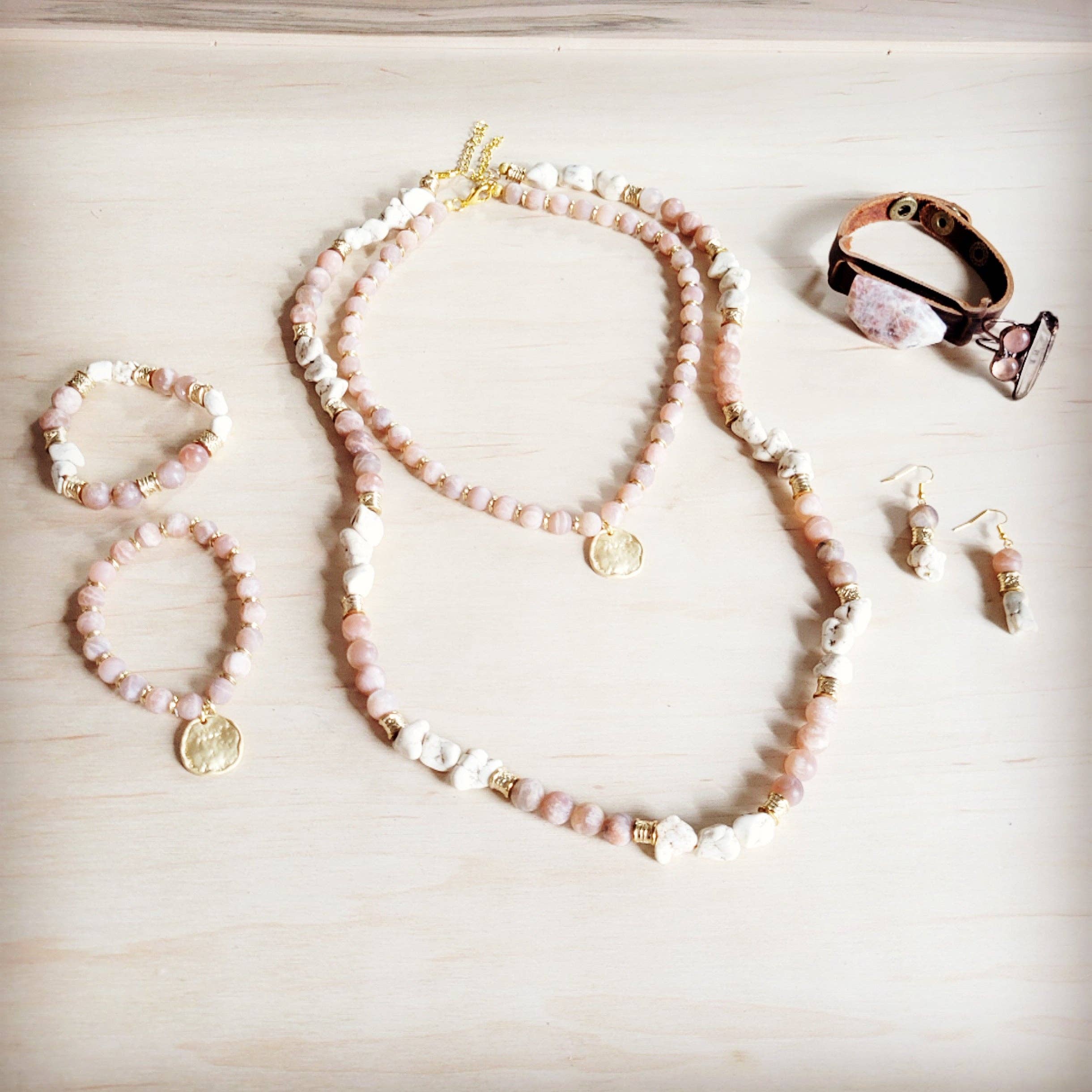 Frosted Sunstone & White Turquoise Long Layering Necklace