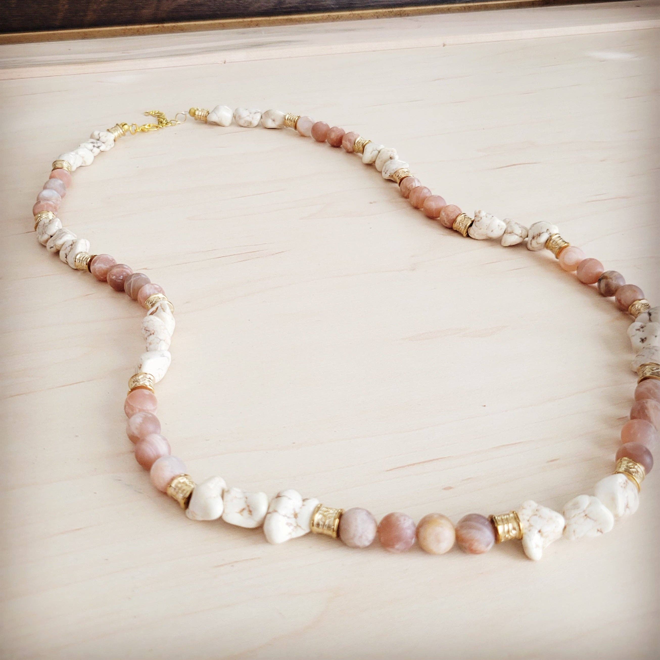 Frosted Sunstone & White Turquoise Long Layering Necklace