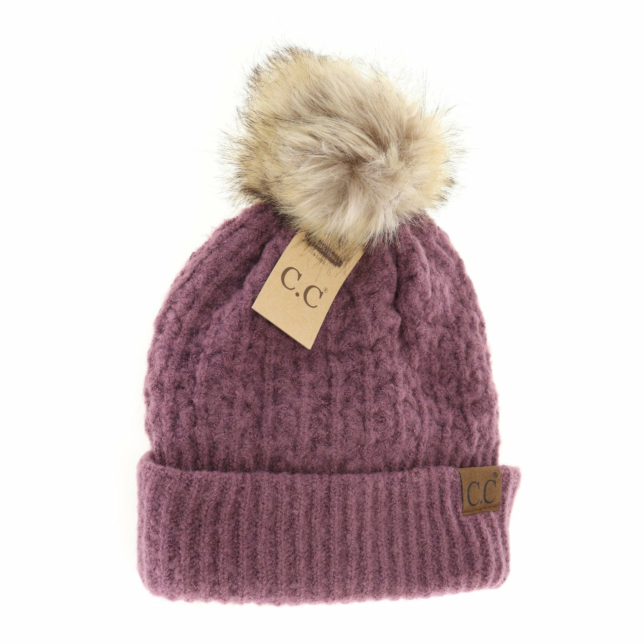 Solid Smocked Stitch Fur Pom C.C Beanie