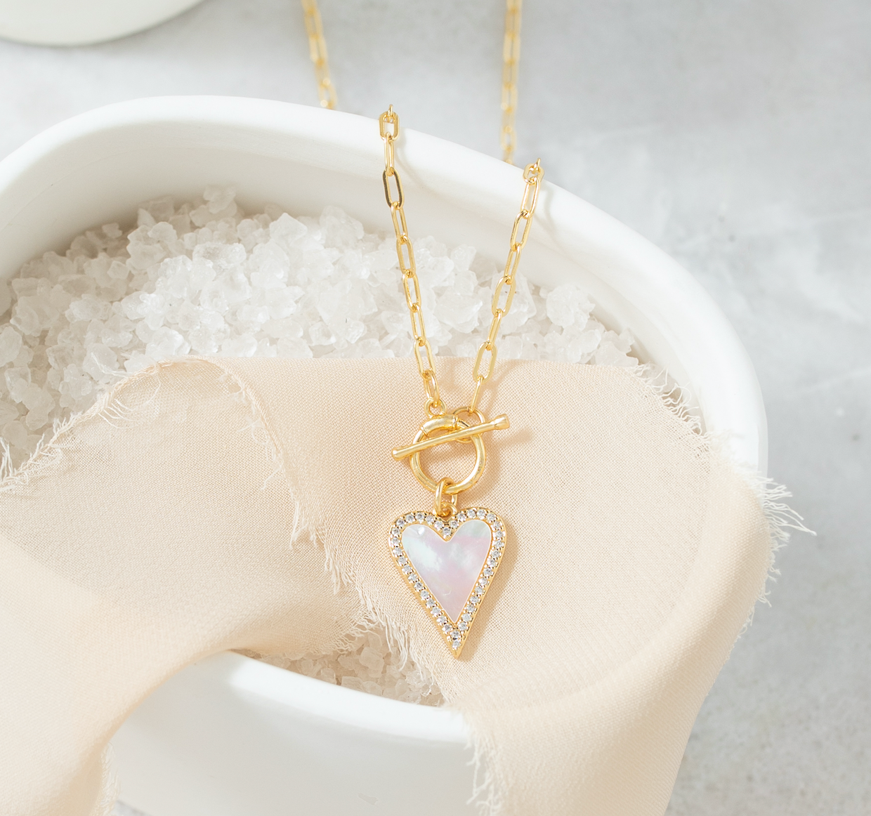 Mother Of Pearl Pave Heart Toggle Necklace