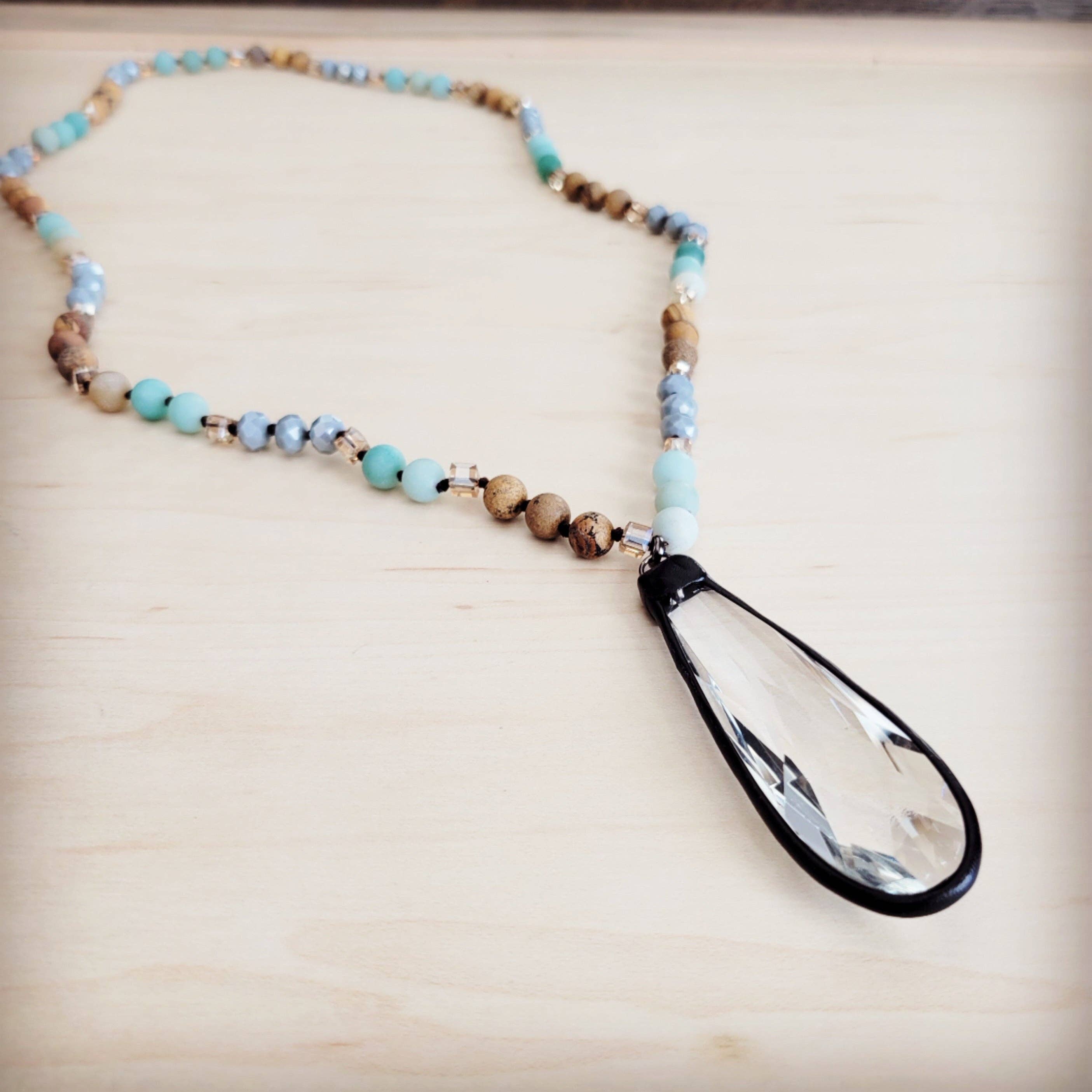 Picture Jasper & Amazonite Long Beaded Necklace w/ Crystal Pendant