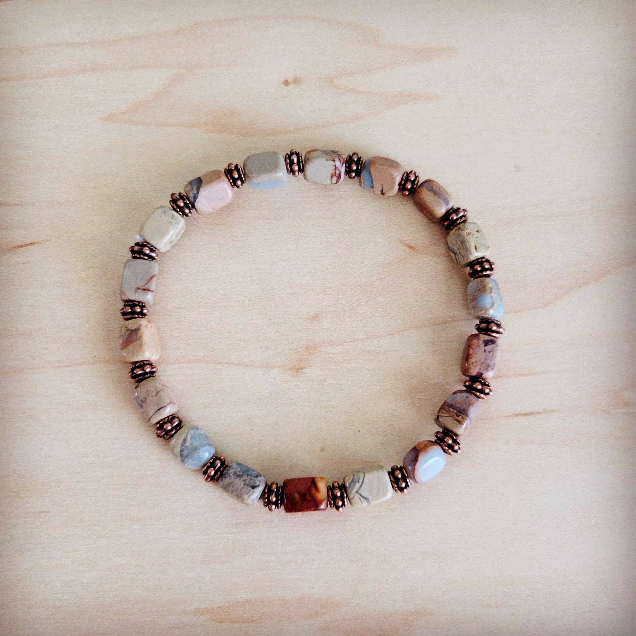 Genuine Aqua Terra and Copper Stretch Beaded Bracelet