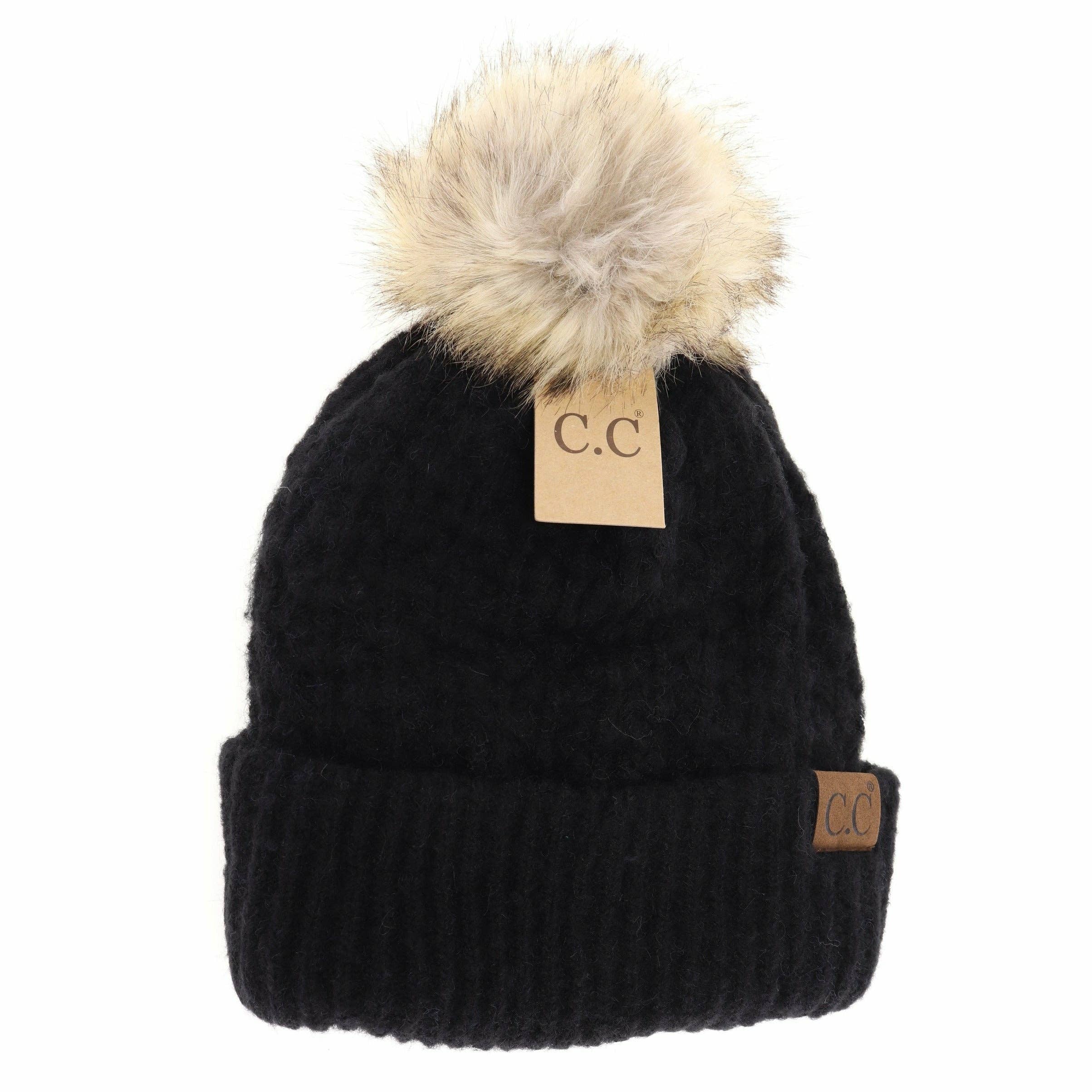 Solid Smocked Stitch Fur Pom C.C Beanie