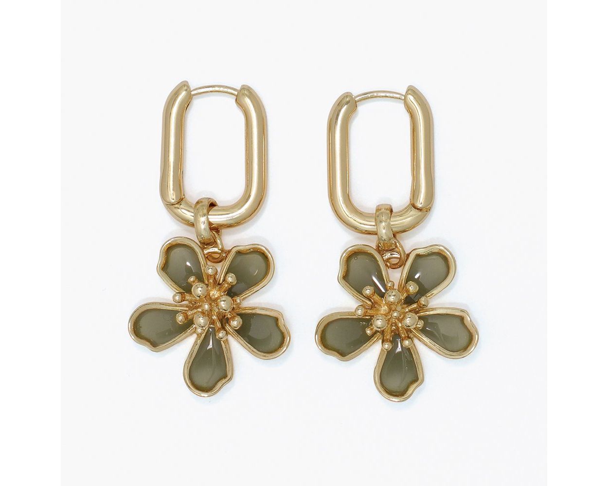 Earrings Gold Hoops Sage Green Flower