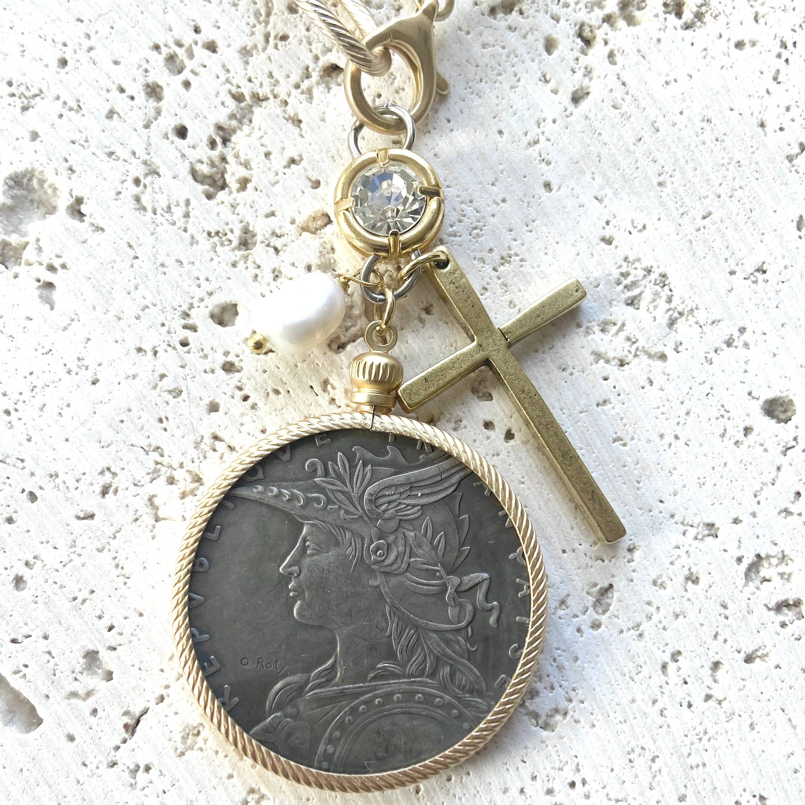 Chunky coin necklace cross matte gold jewelry