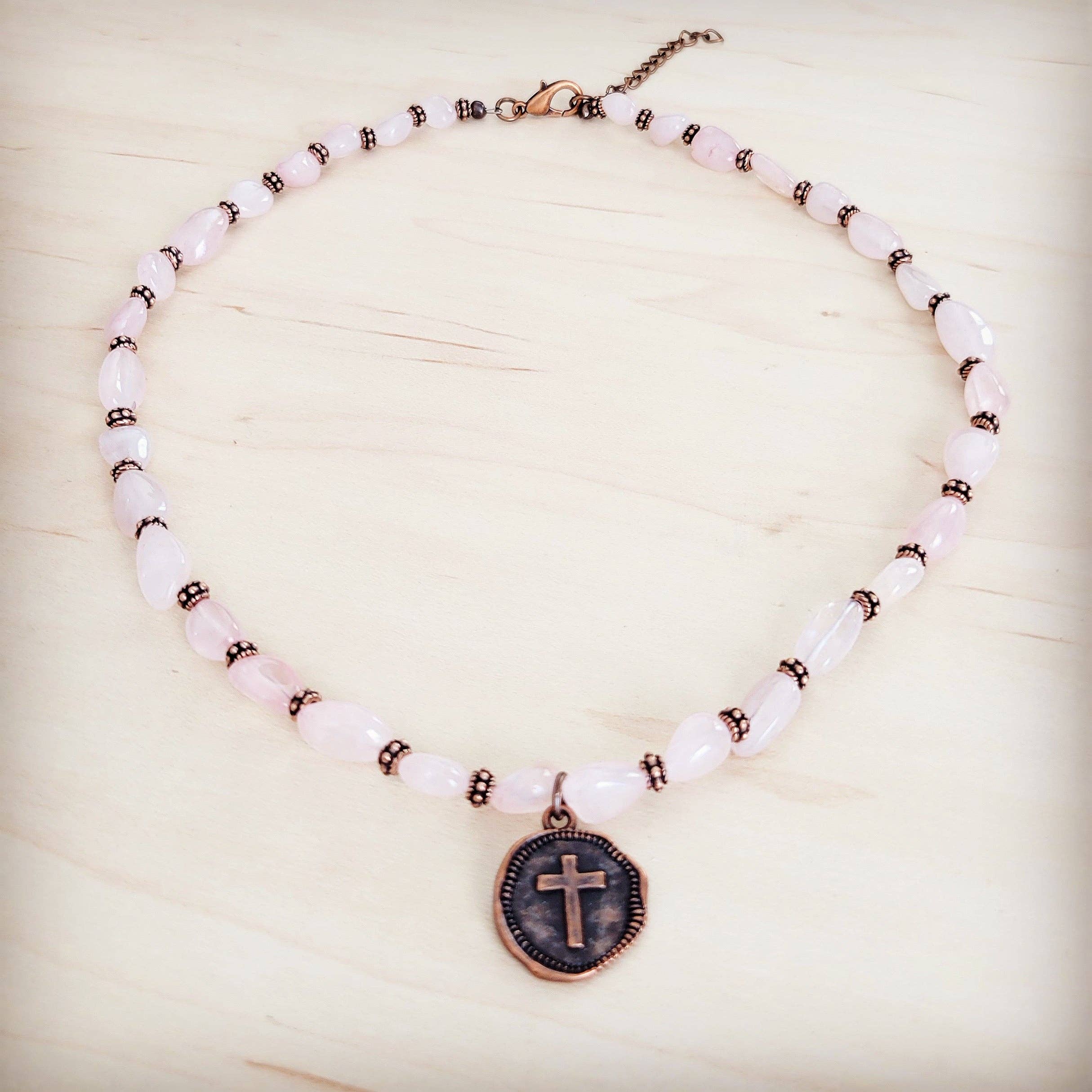 Rose Quartz Collar Necklace w/ Copper Cross Round Charm