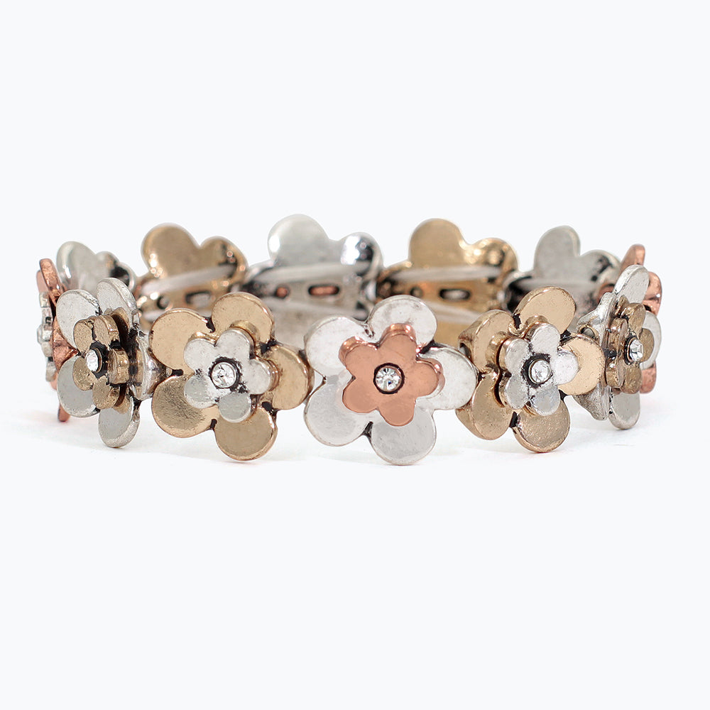 Tri tone Flowers w Crystal Bracelet