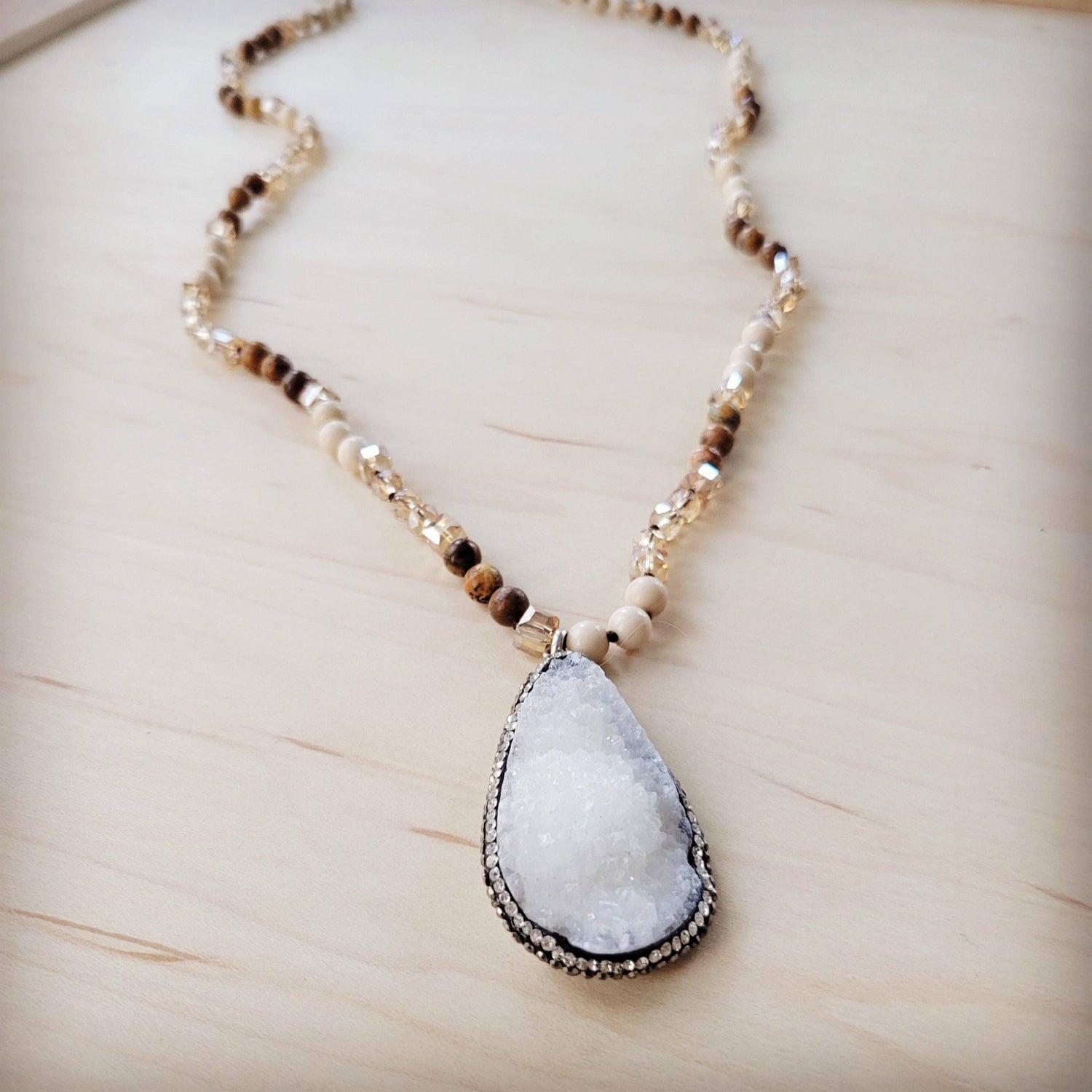 Picture Jasper Beaded Necklace w/ Druzy Pendant