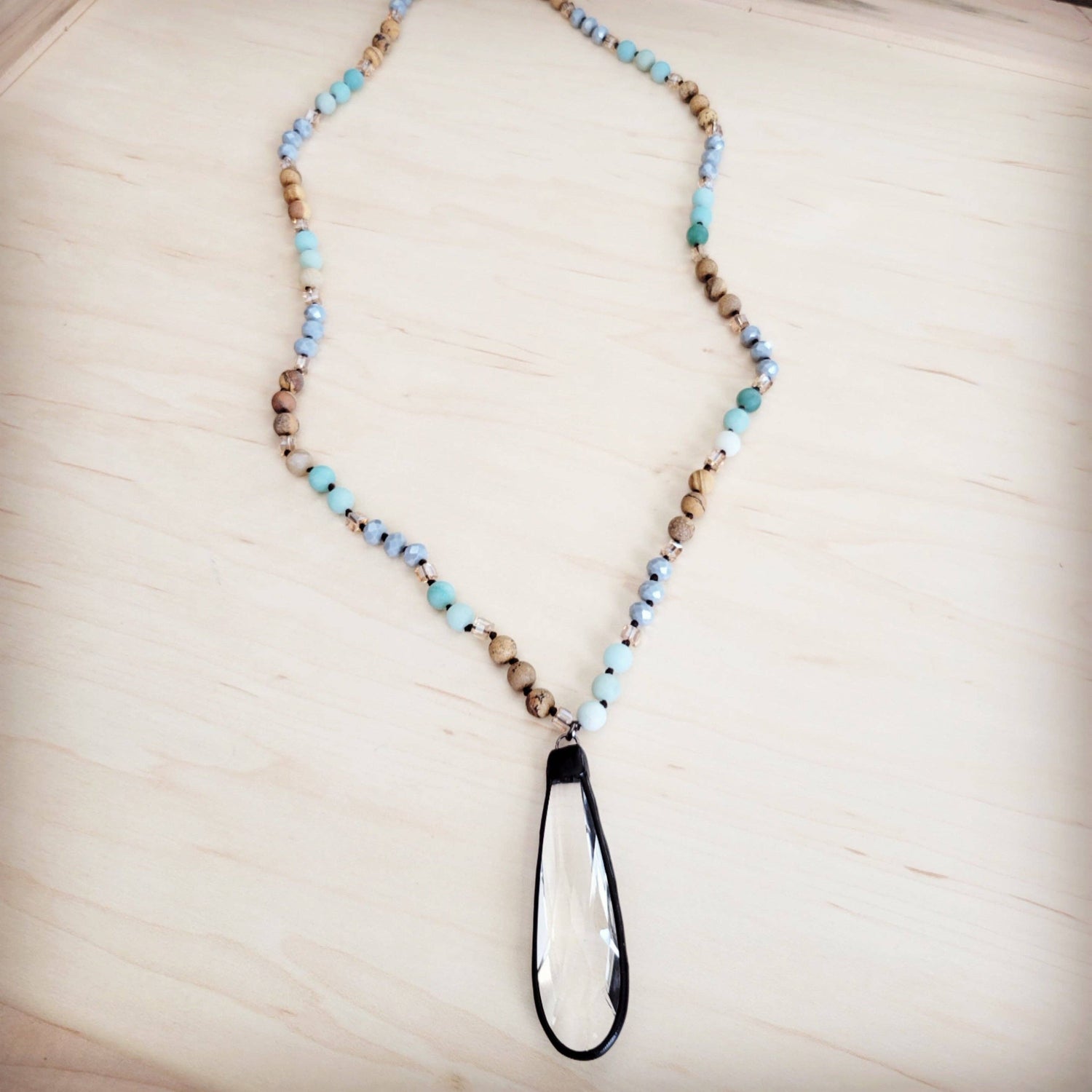 Picture Jasper &amp; Amazonite Long Beaded Necklace w/ Crystal Pendant