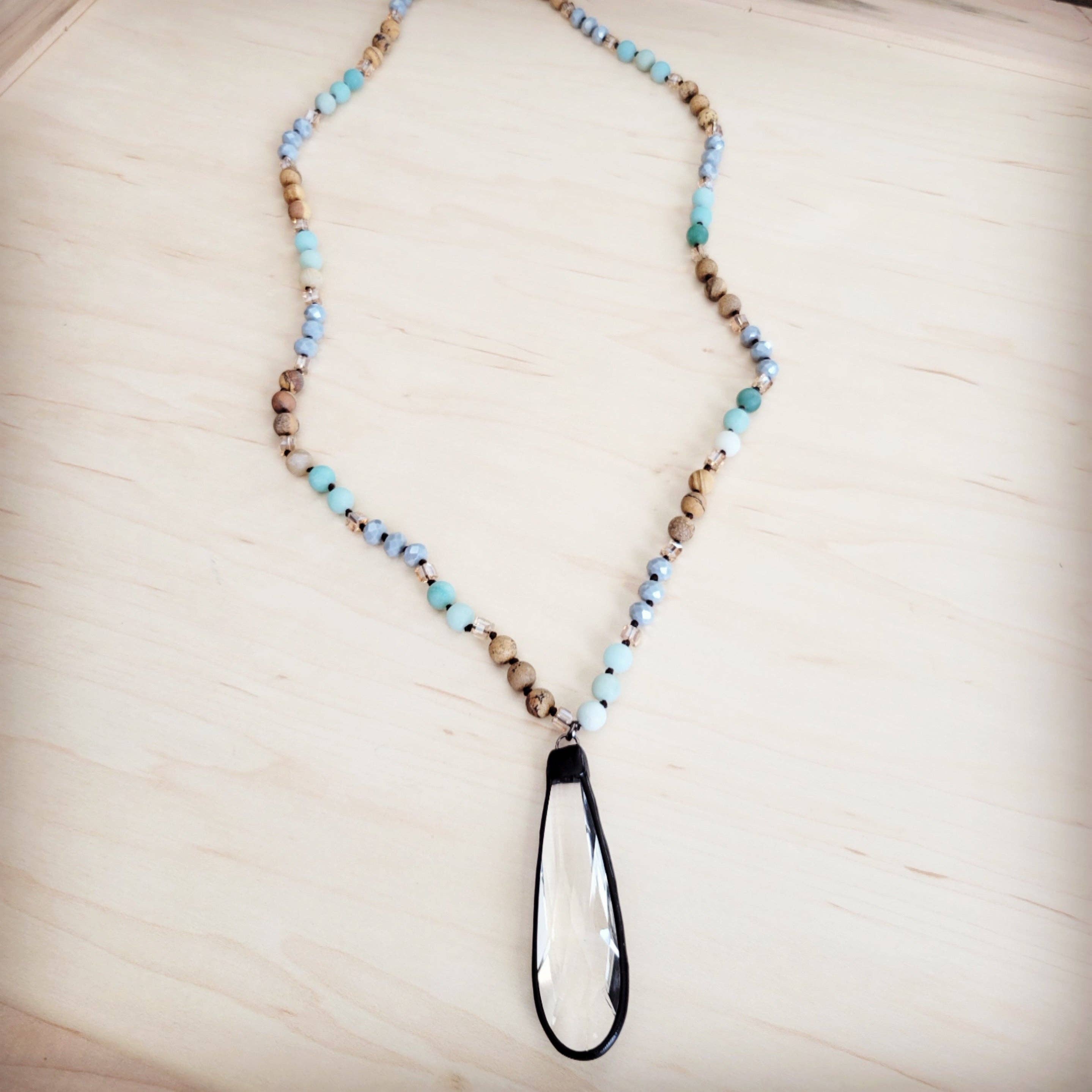 Picture Jasper &amp; Amazonite Long Beaded Necklace w/ Crystal Pendant