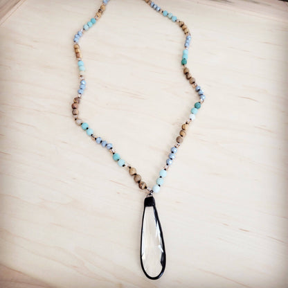 Picture Jasper &amp; Amazonite Long Beaded Necklace w/ Crystal Pendant