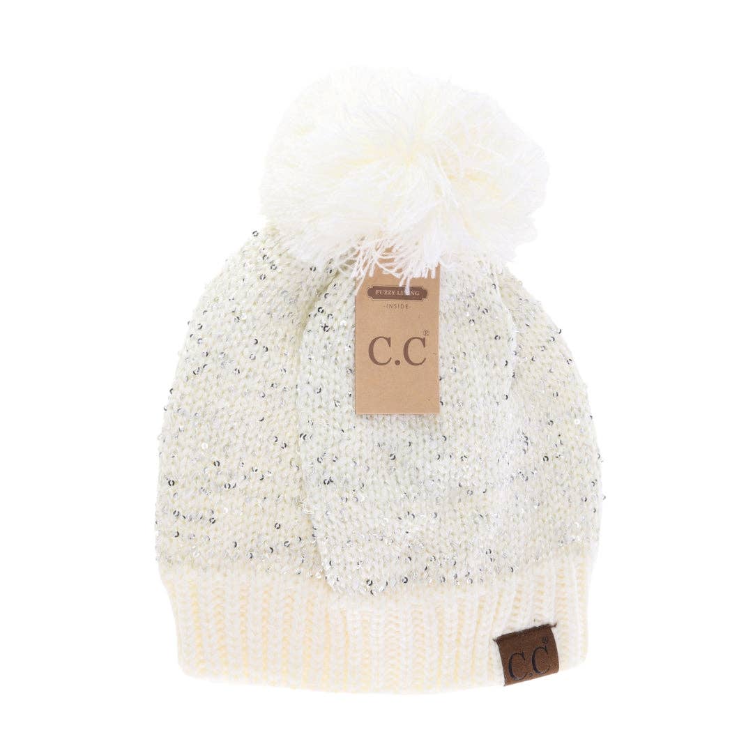 Fuzzy Lined Scatter Sequin Pom C.C Beanie