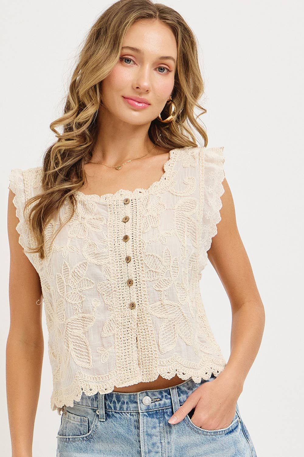 Sophia Floral Embroidery Crochet Vest