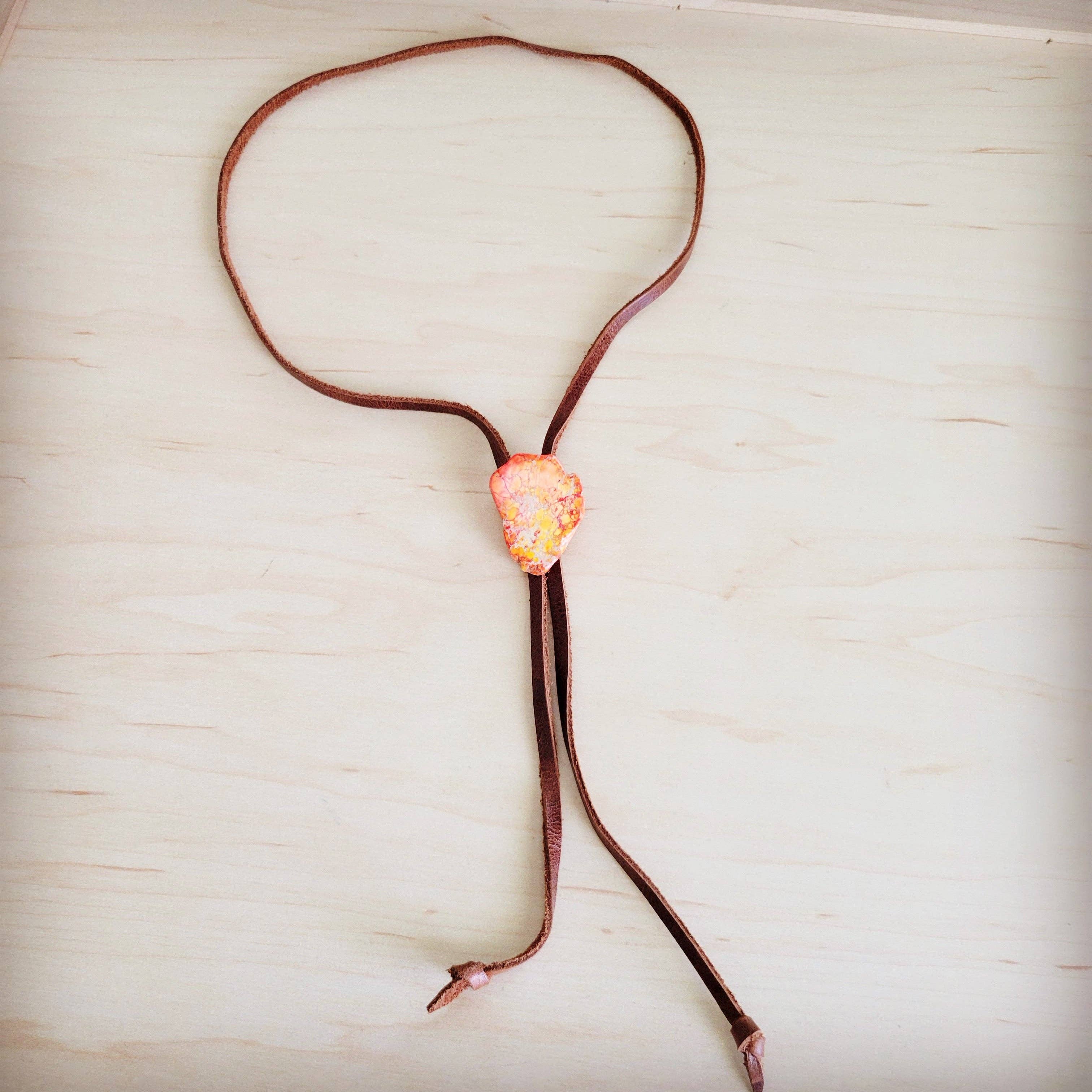 Leather Lariat Boho Necklace w/ Orange Regalite Slab Accent