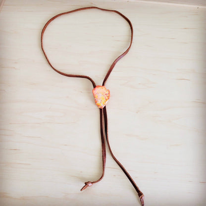 Leather Lariat Boho Necklace w/ Orange Regalite Slab Accent