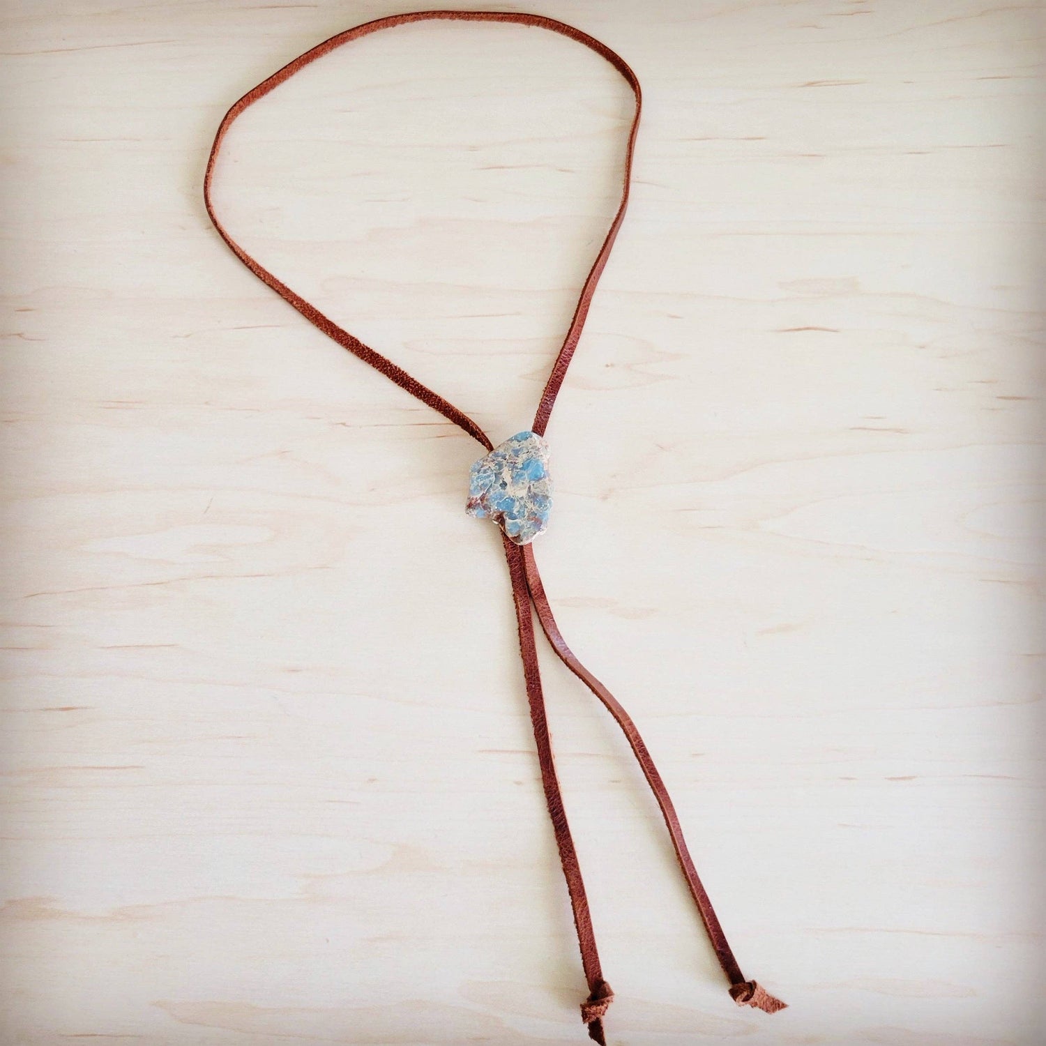 Leather Lariat Boho Necklace w/ Aqua Terra Slab Accent
