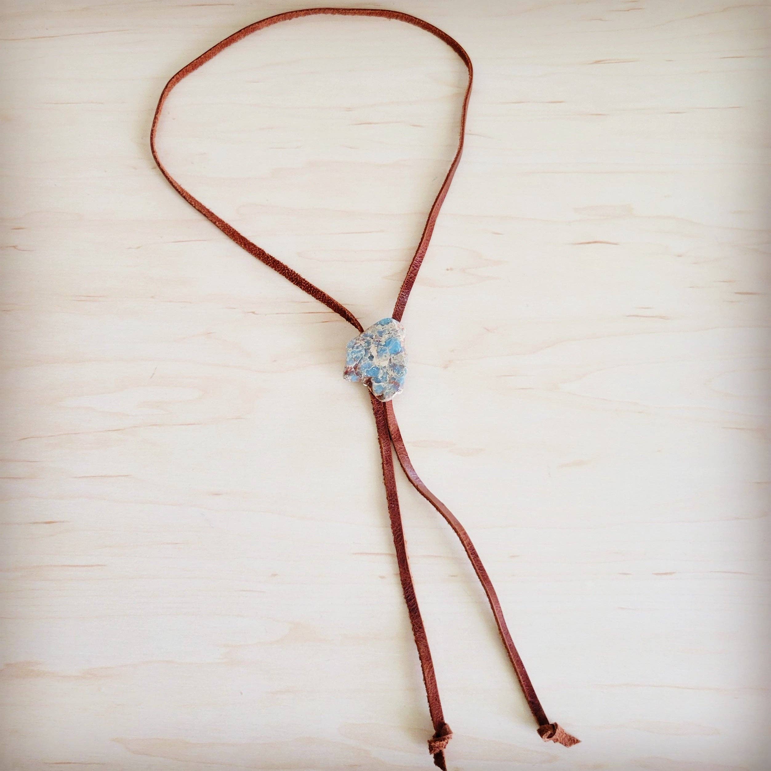 Leather Lariat Boho Necklace w/ Aqua Terra Slab Accent