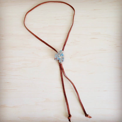 Leather Lariat Boho Necklace w/ Aqua Terra Slab Accent