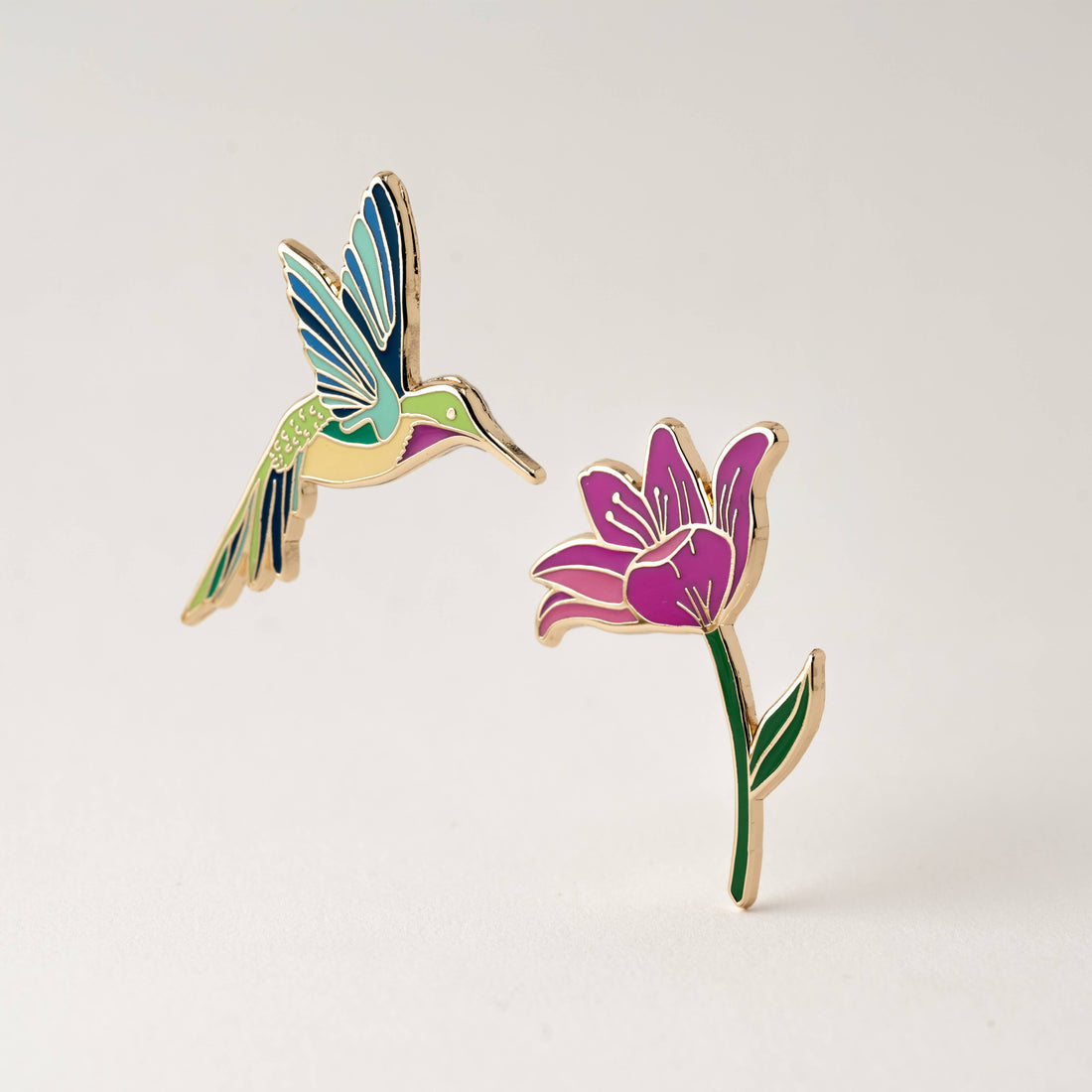 Hummingbird &amp; Pink Lily Flower Pin Set
