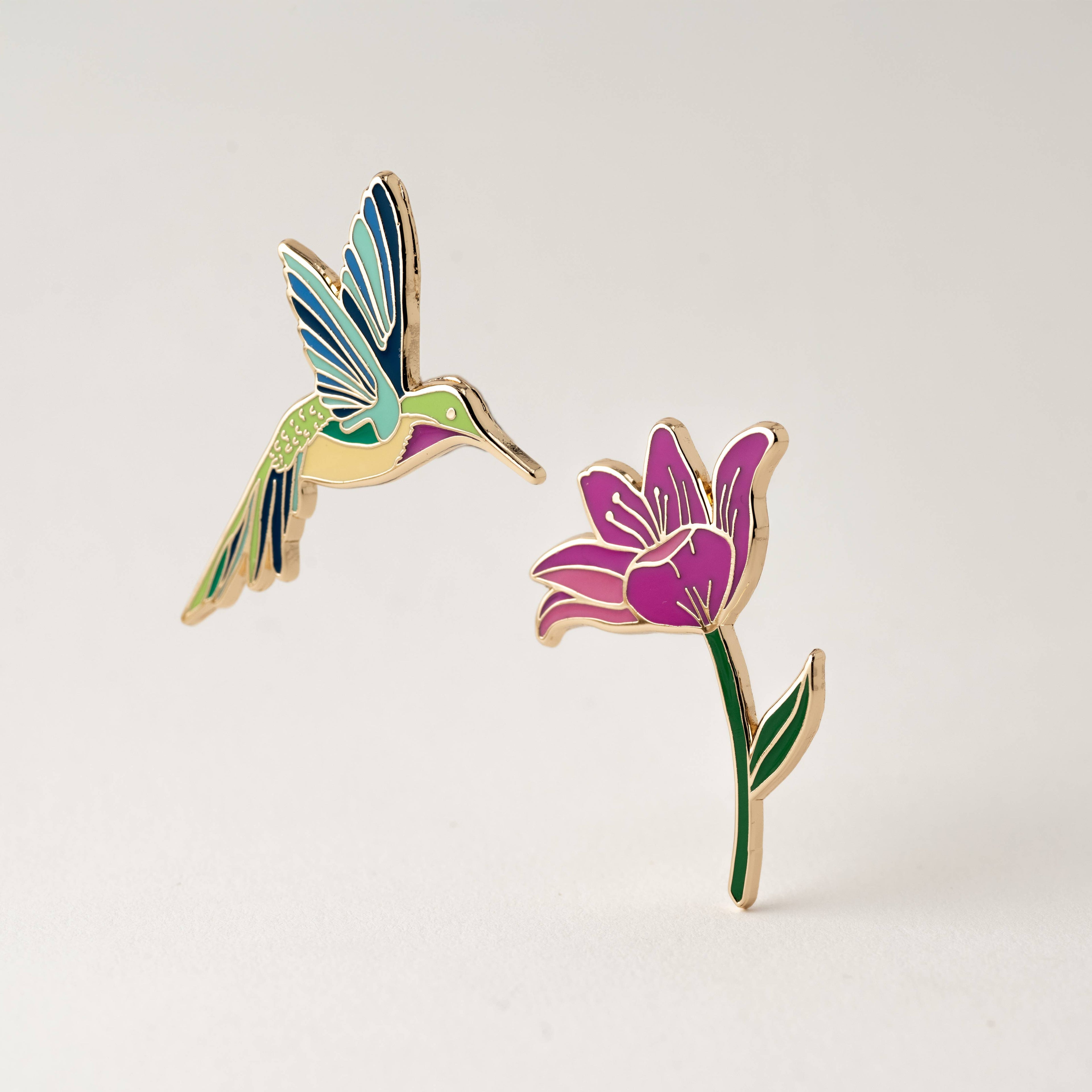 Hummingbird &amp; Pink Lily Flower Pin Set