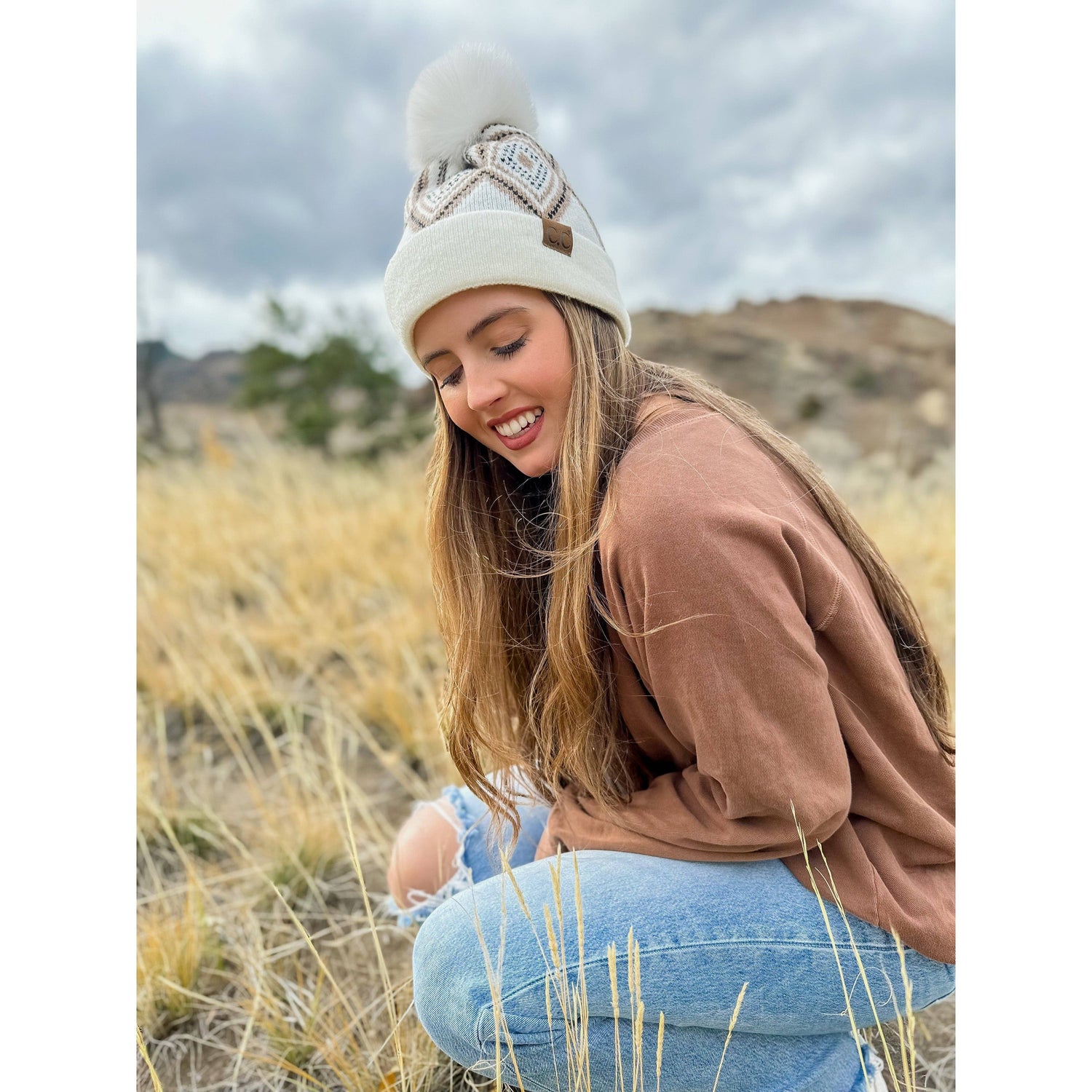 Diamond Geometric Pattern Faux Fur Pom C.C Beanie