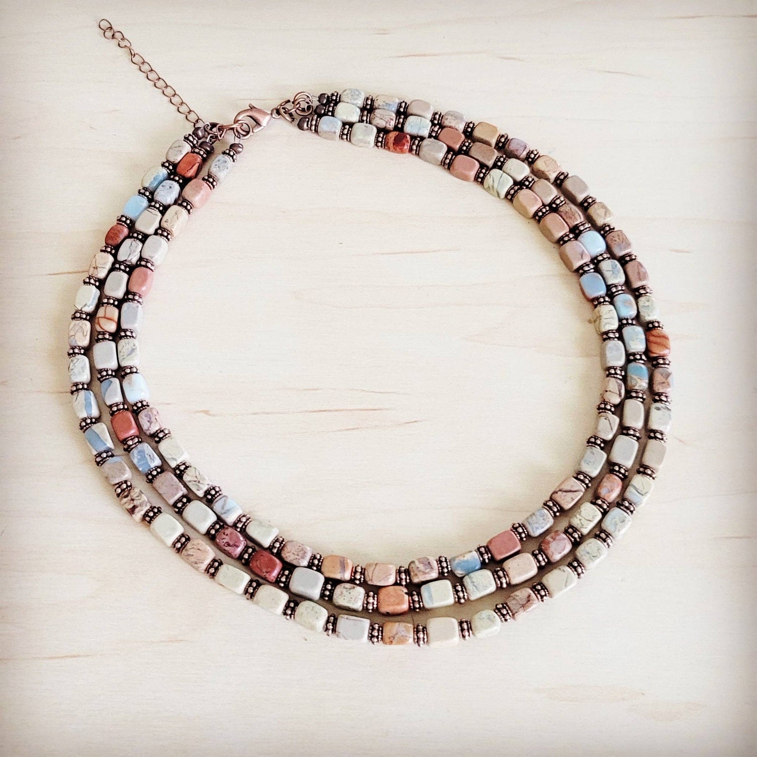 Triple Strand Layered Boho Aqua Terra &amp; Copper Necklace