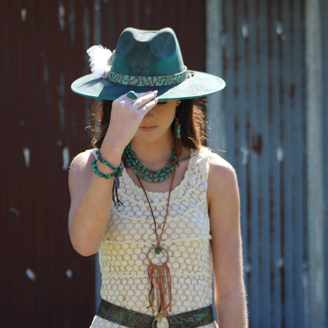 Tan Leather Dream Catcher Necklace with Natural Turquoise