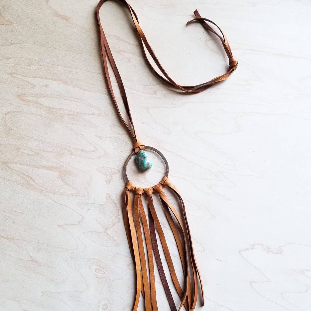 Tan Leather Dream Catcher Necklace with Natural Turquoise