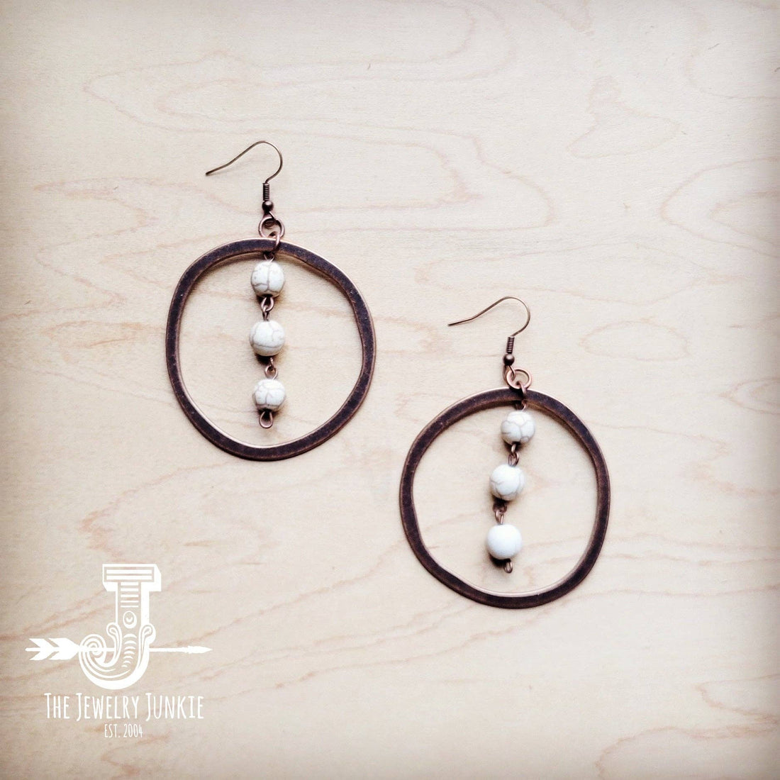 Western Copper Hoop Earrings w/ White Turquoise Beads 224g