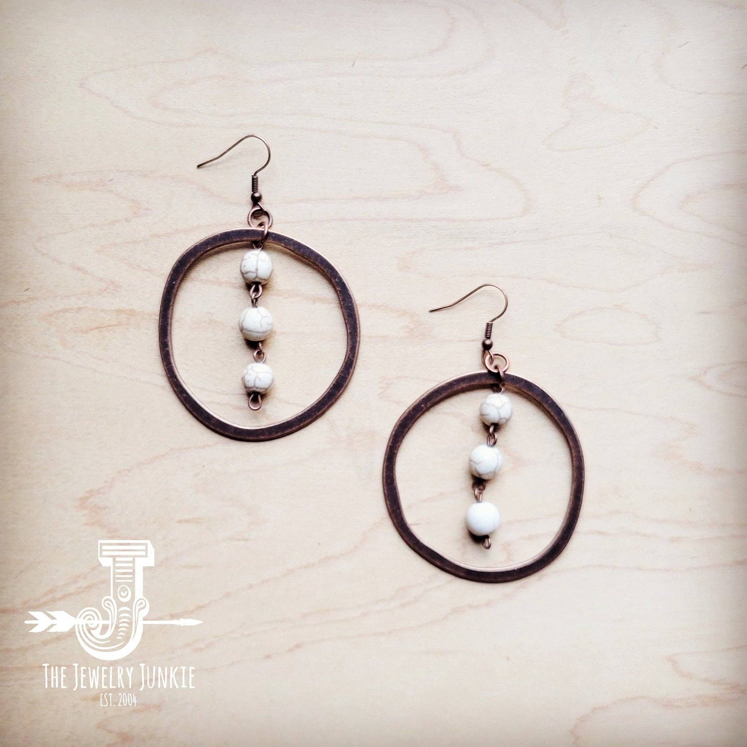 Western Copper Hoop Earrings w/ White Turquoise Beads 224g